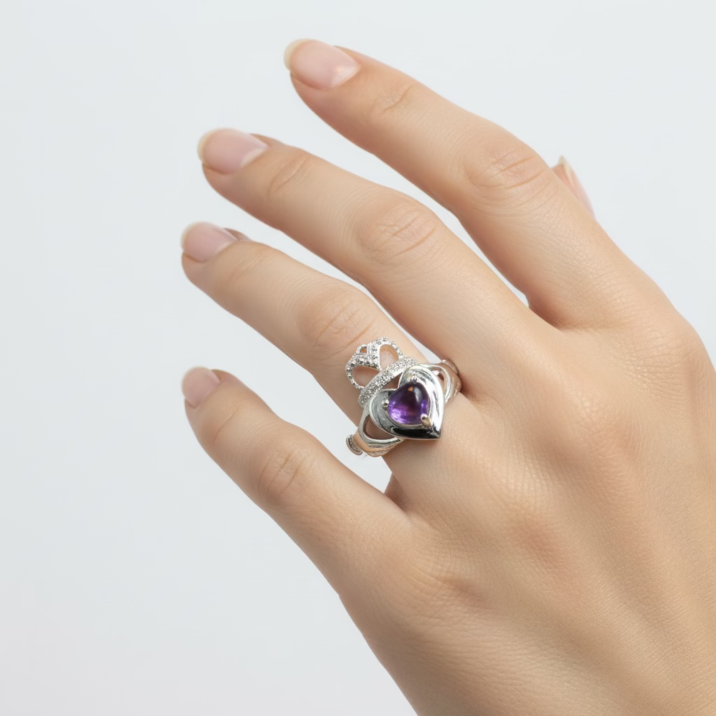 Noble Heart Amethyst Claddagh Ring