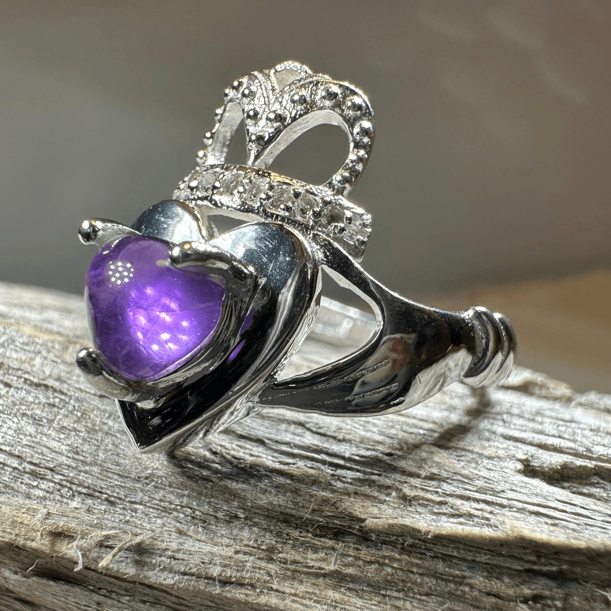 Noble Heart Amethyst Claddagh Ring - 6