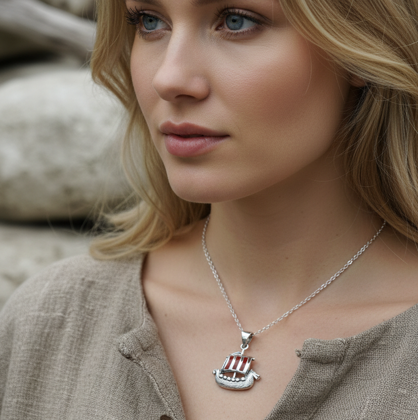 Red Sails Viking Ship Necklace