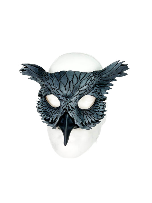 Layered Horned Owl Handmade Genuine Leather Mask in Grey - 