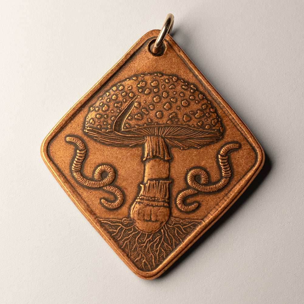 Morel and Amanita Mushrooms of Earth Charm or Necklace in Solid Copper - Charm only