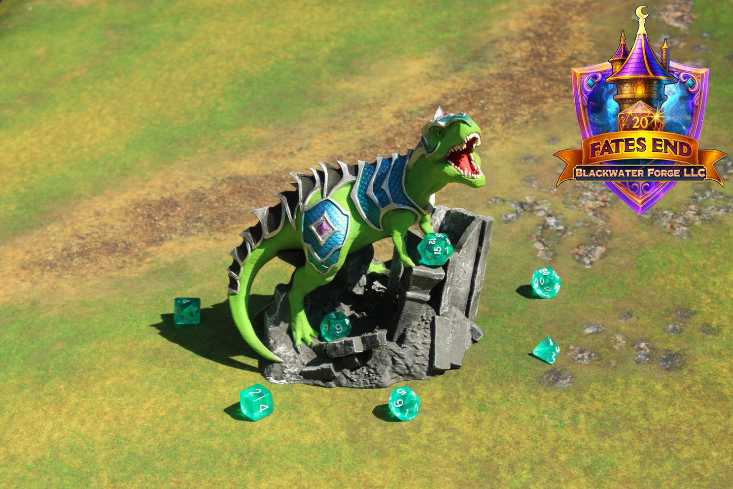 Armored War T-Rex 3D Printed Dice Tower – Fate's End Collection by Kim Bolt - Unleash Prehistoric Power! - Black / Yes- Include Random Dice Set