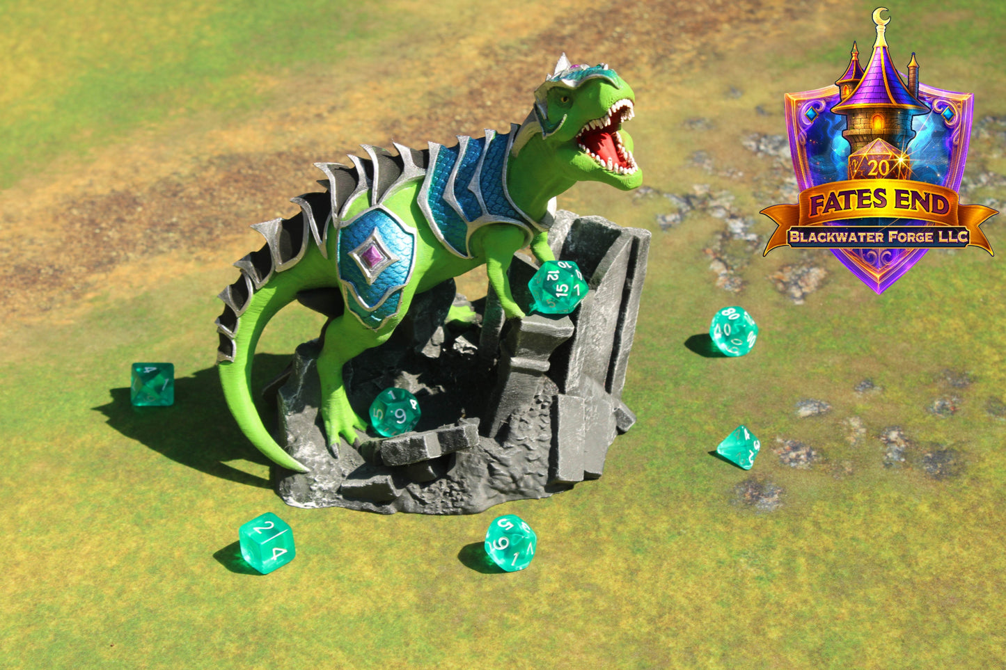 Armored War T-Rex 3D Printed Dice Tower – Fate's End Collection by Kim Bolt - Unleash Prehistoric Power! - Black / Yes- Include Random Dice Set