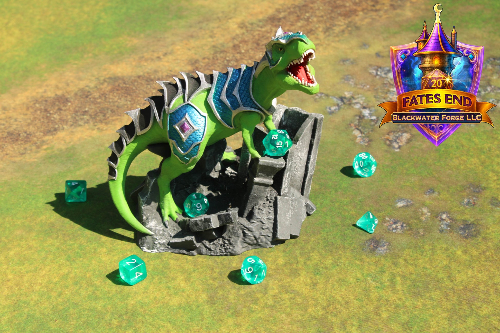 Armored War T-Rex 3D Printed Dice Tower – Fate's End Collection by Kim Bolt - Unleash Prehistoric Power! - Black / Yes- Include Random Dice Set