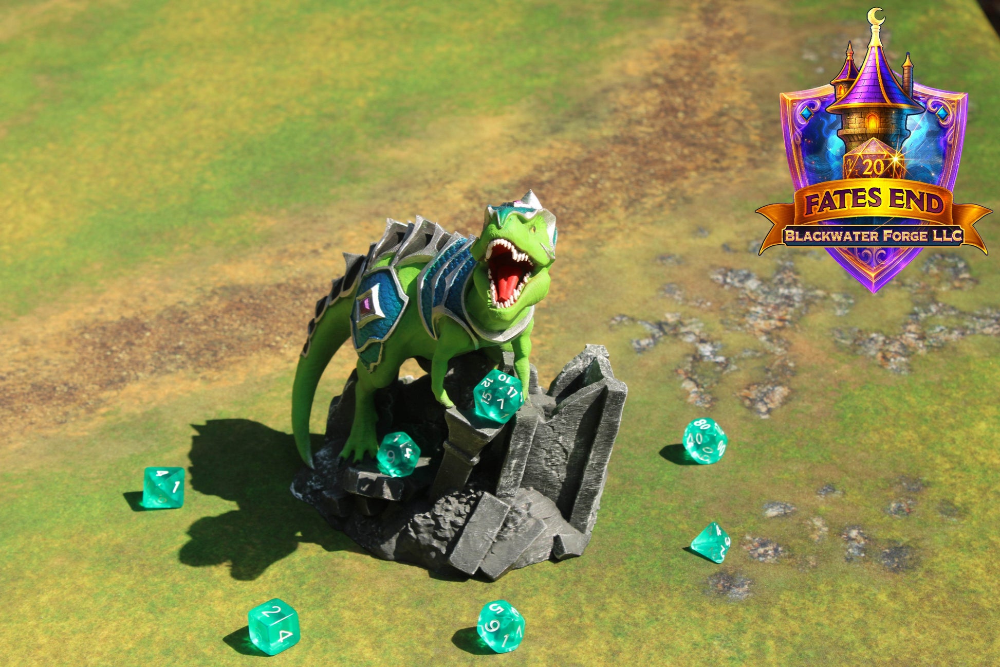 Armored War T-Rex 3D Printed Dice Tower – Fate's End Collection by Kim Bolt - Unleash Prehistoric Power! - Black / Yes- Include Random Dice Set