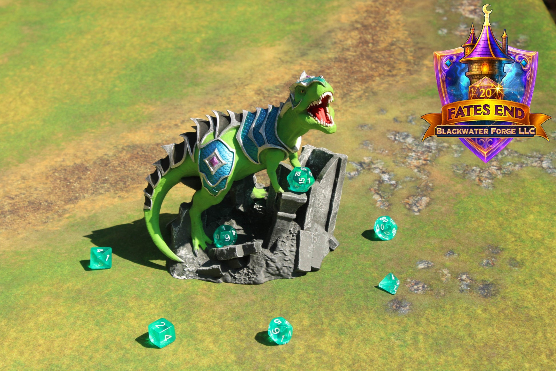 Armored War T-Rex 3D Printed Dice Tower – Fate's End Collection by Kim Bolt - Unleash Prehistoric Power! - Black / Yes- Include Random Dice Set