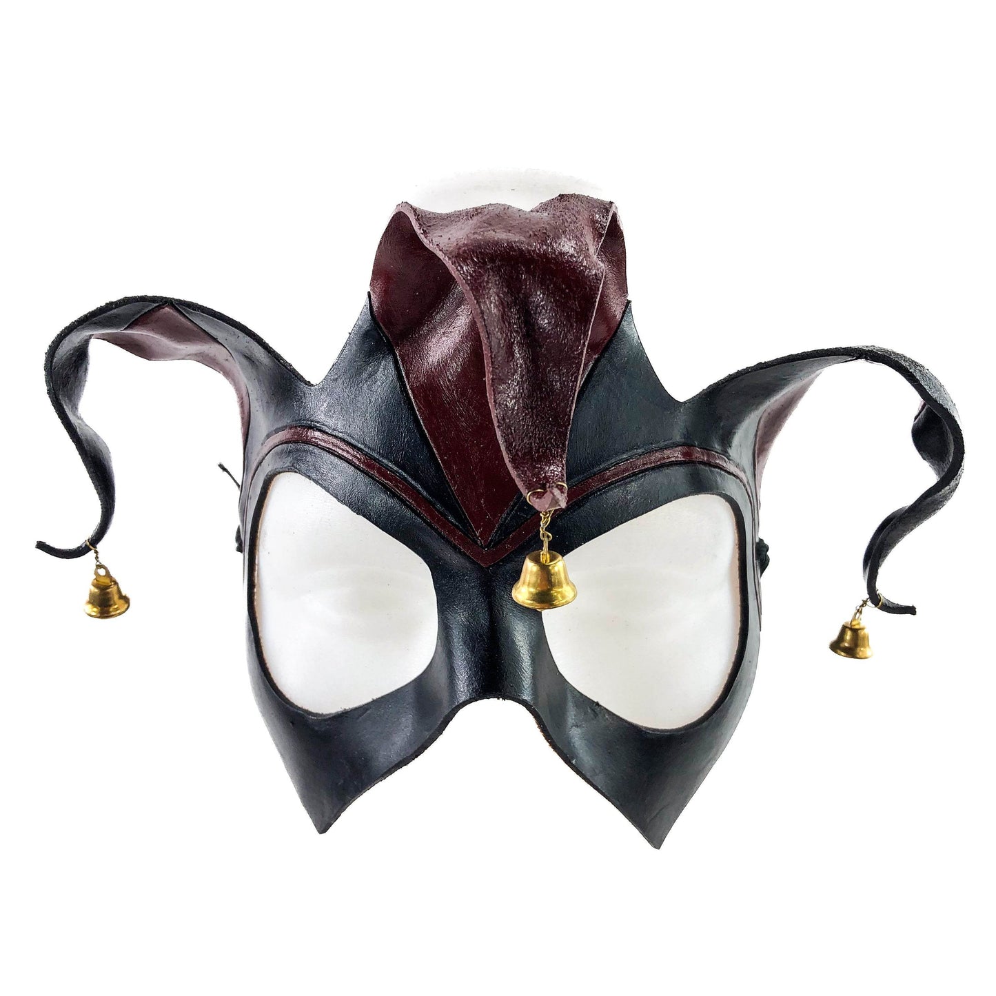 Handmade Genuine Leather Jester Mask in Red and Black with Brass Bells - 
