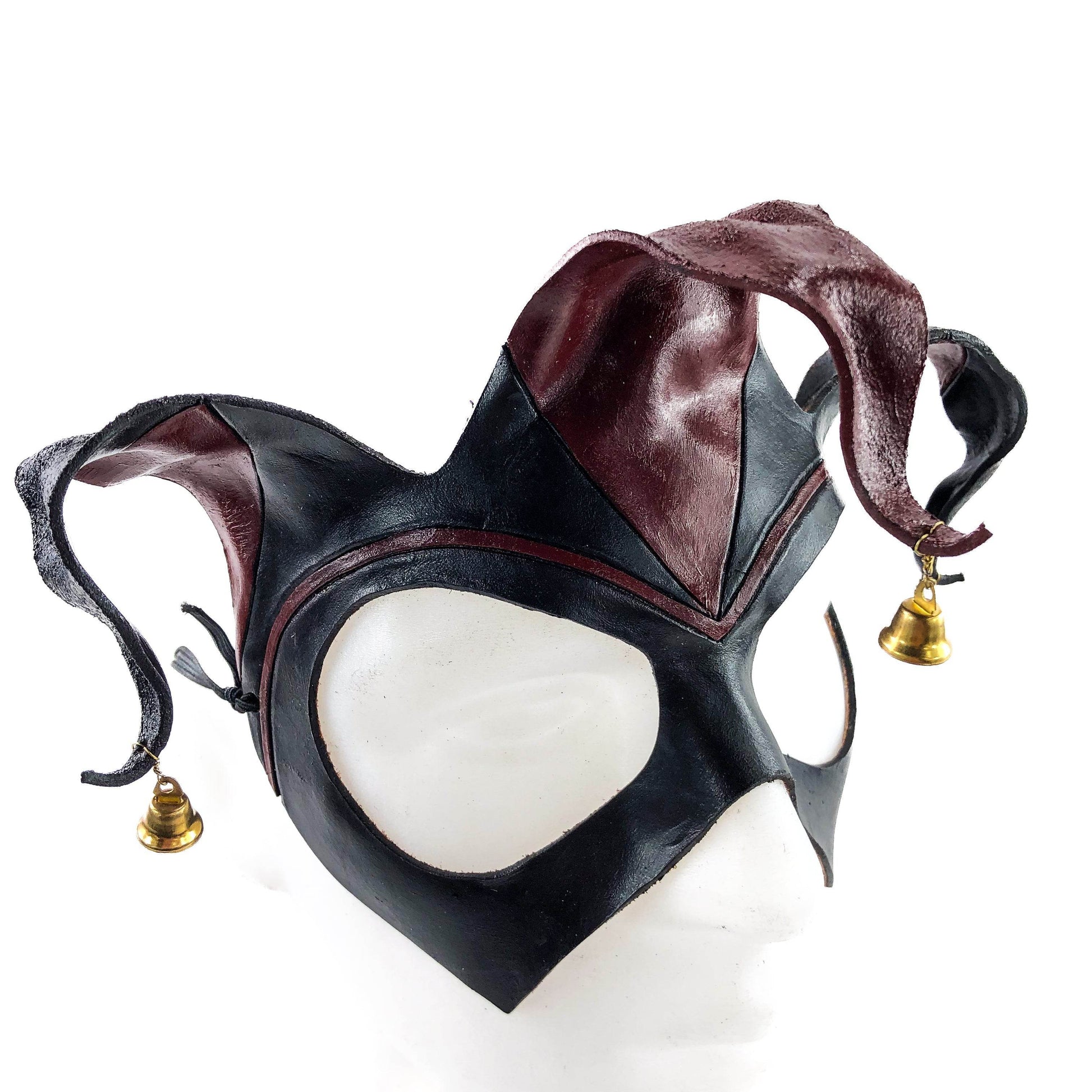 Handmade Genuine Leather Jester Mask in Red and Black with Brass Bells - 
