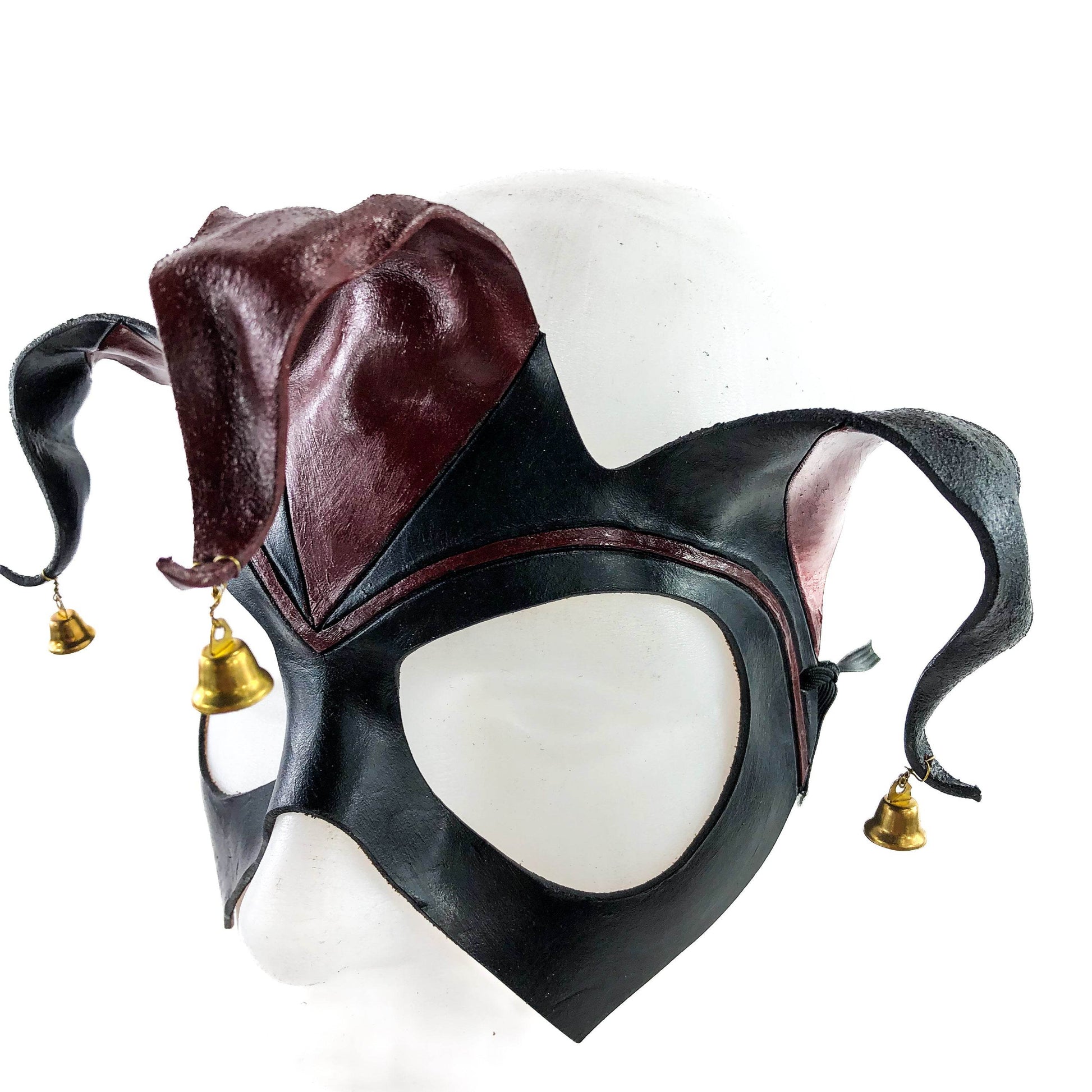Handmade Genuine Leather Jester Mask in Red and Black with Brass Bells - 
