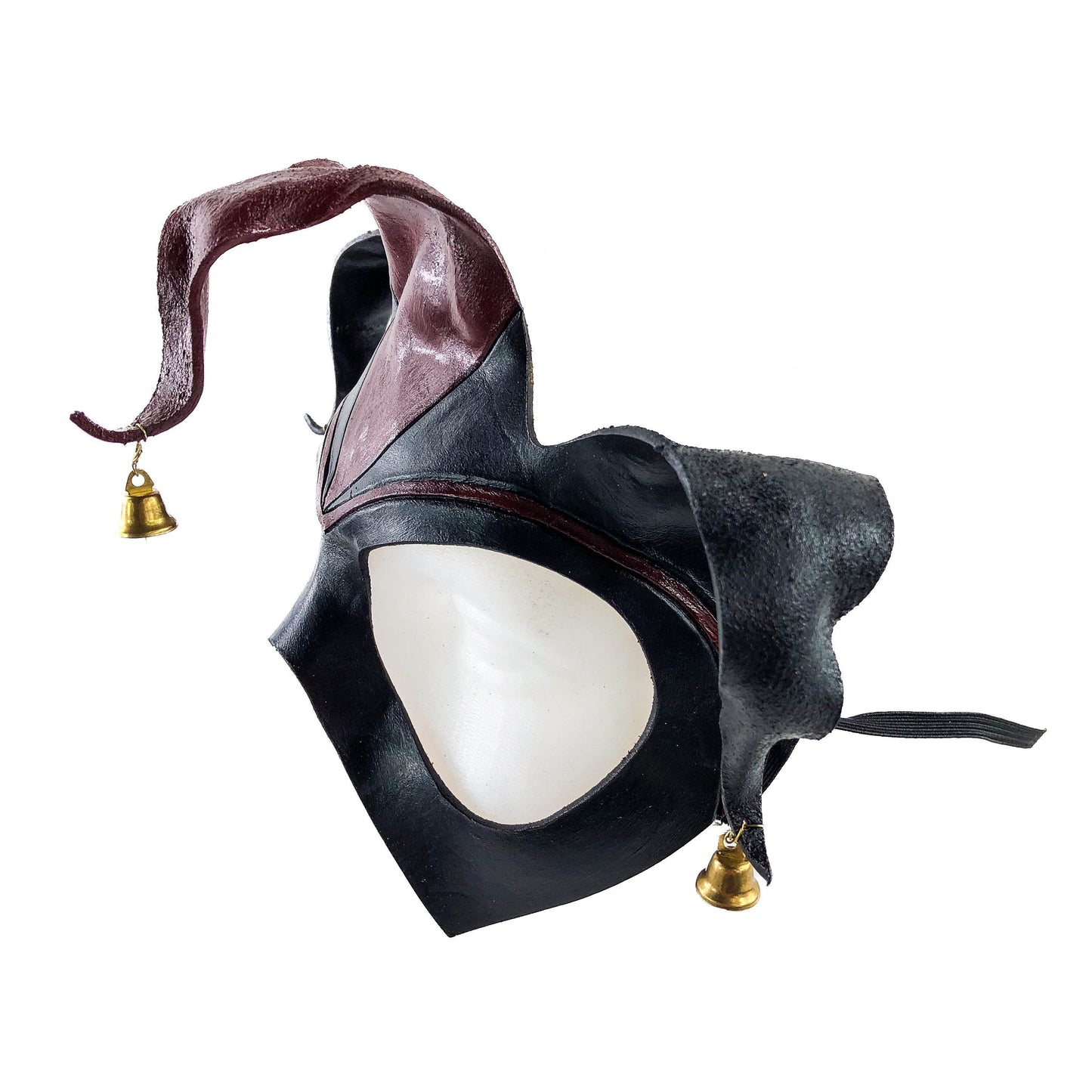Handmade Genuine Leather Jester Mask in Red and Black with Brass Bells - 