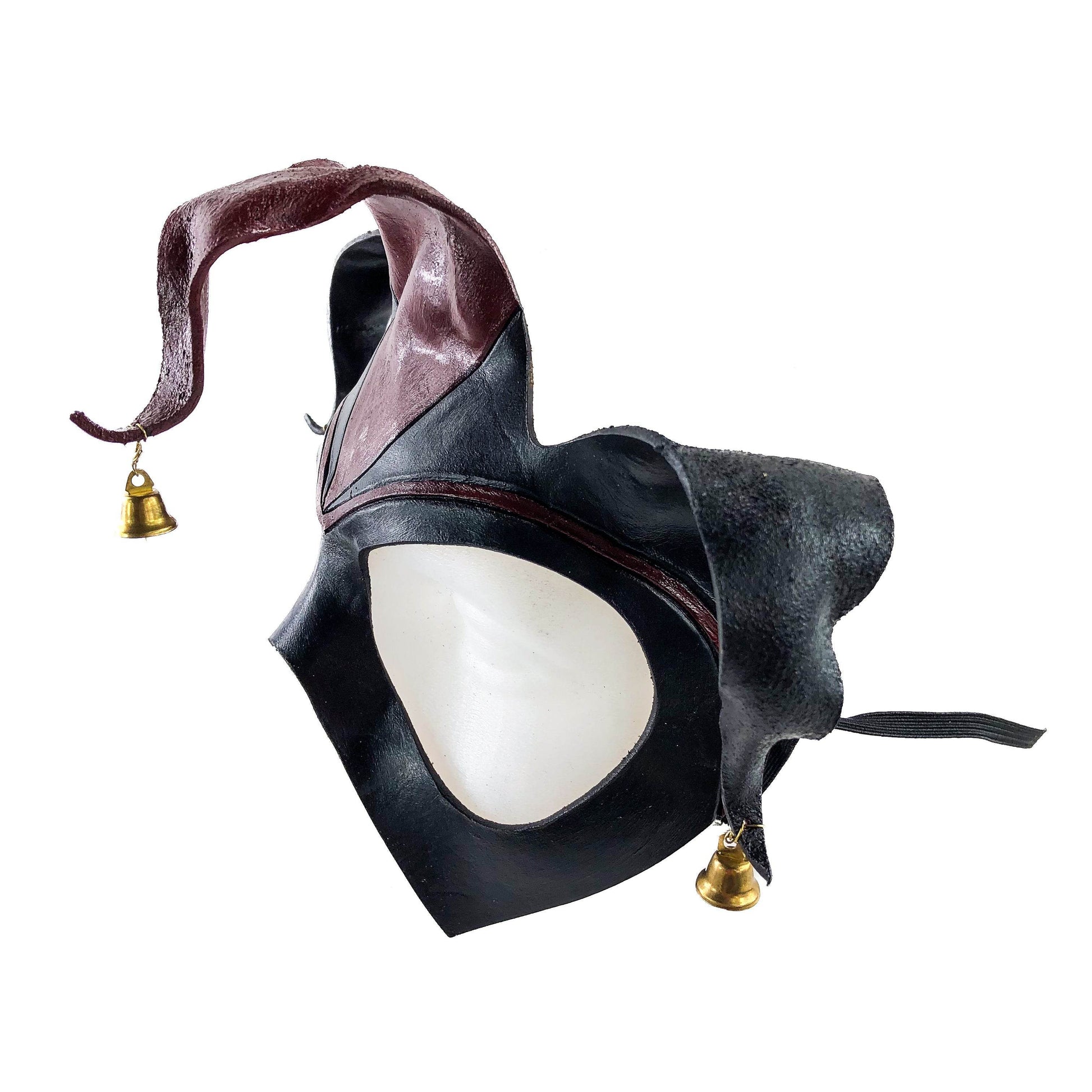 Handmade Genuine Leather Jester Mask in Red and Black with Brass Bells - 