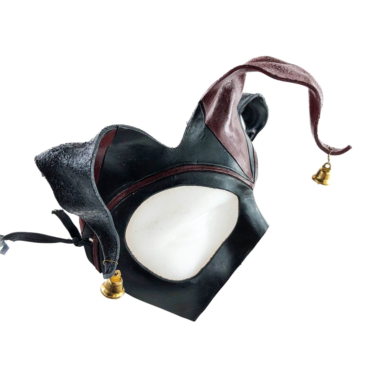 Handmade Genuine Leather Jester Mask in Red and Black with Brass Bells - 