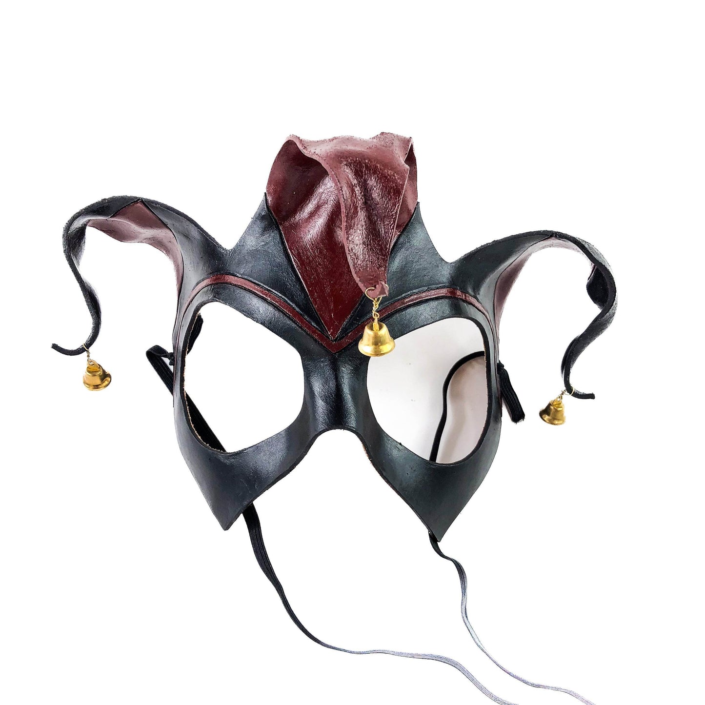 Handmade Genuine Leather Jester Mask in Red and Black with Brass Bells - 
