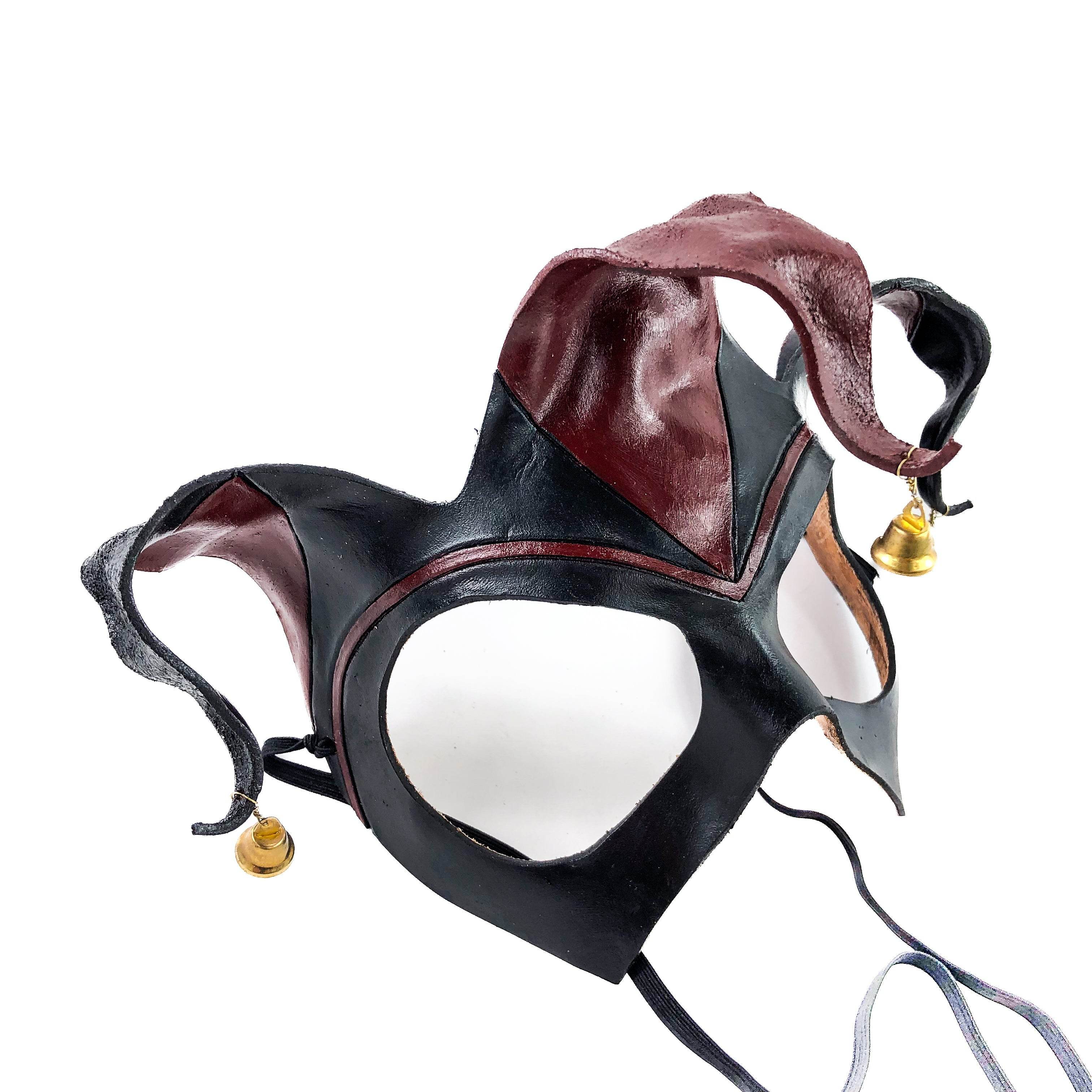 Handmade Genuine Leather Jester Mask in Red and Black with Brass Bells - 