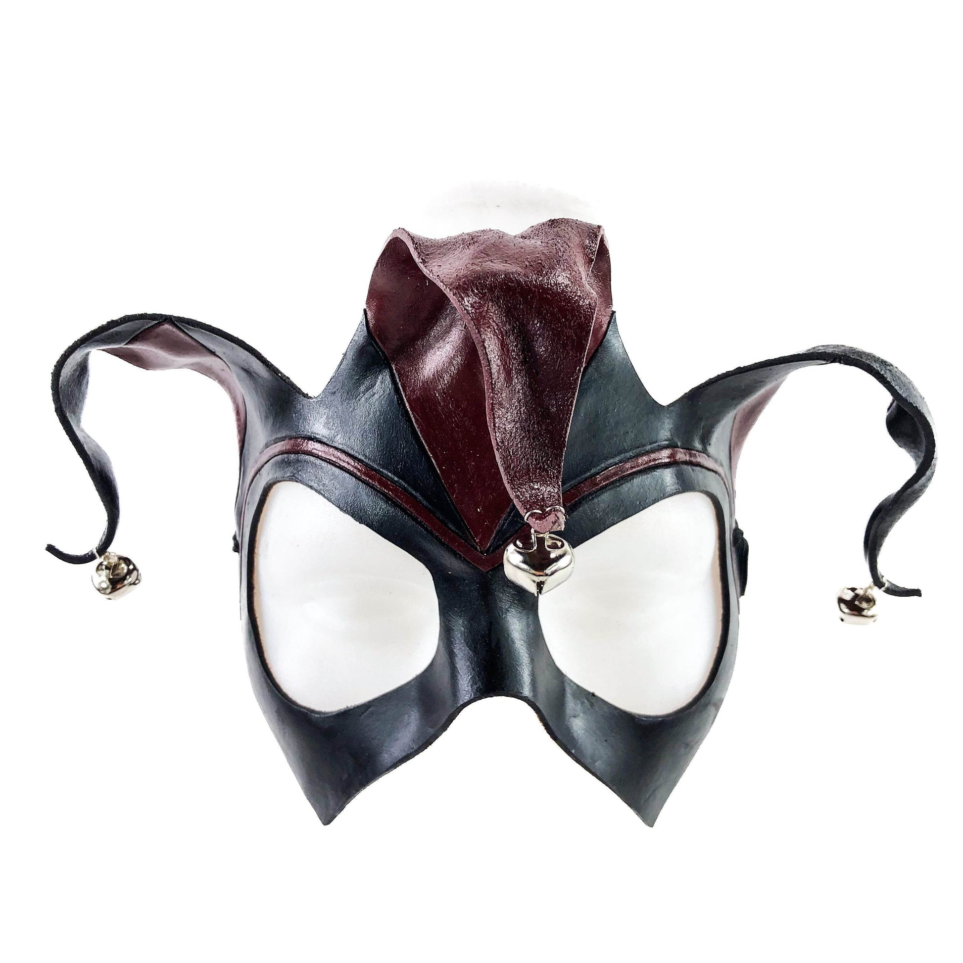 Handmade Genuine Leather Jester Mask in Red and Black with Silver Bells - 