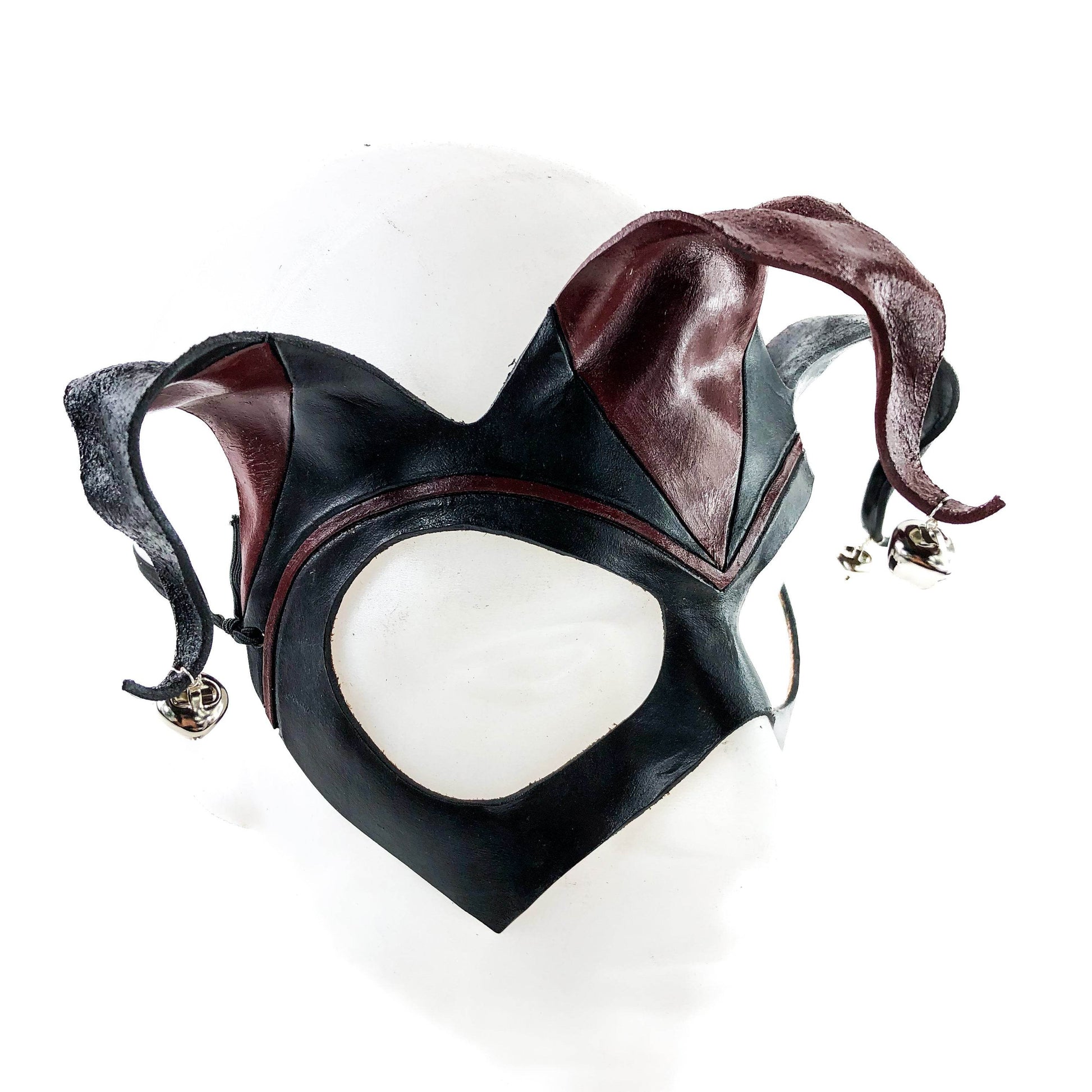 Handmade Genuine Leather Jester Mask in Red and Black with Silver Bells - 
