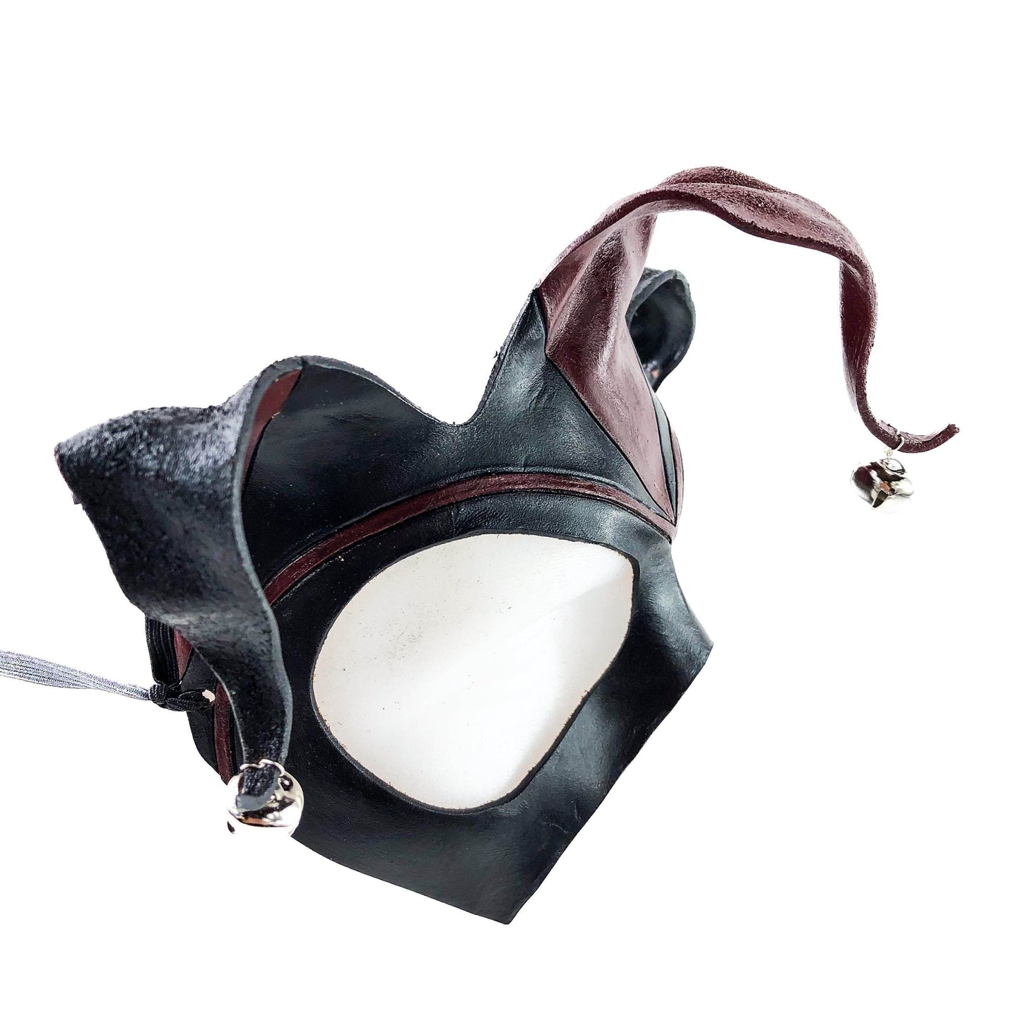 Handmade Genuine Leather Jester Mask in Red and Black with Silver Bells - 
