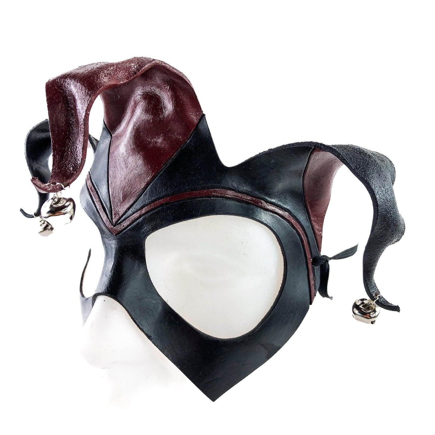 Handmade Genuine Leather Jester Mask in Red and Black with Silver Bells - 