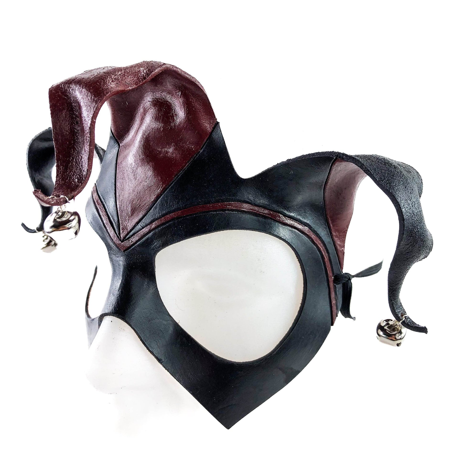Handmade Genuine Leather Jester Mask in Red and Black with Silver Bells - 
