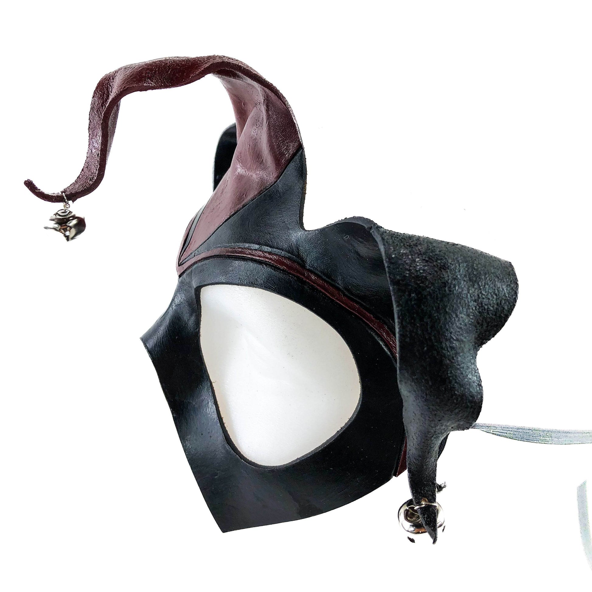 Handmade Genuine Leather Jester Mask in Red and Black with Silver Bells - 