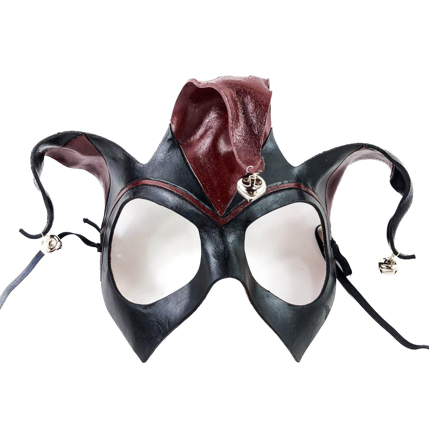 Handmade Genuine Leather Jester Mask in Red and Black with Silver Bells - 