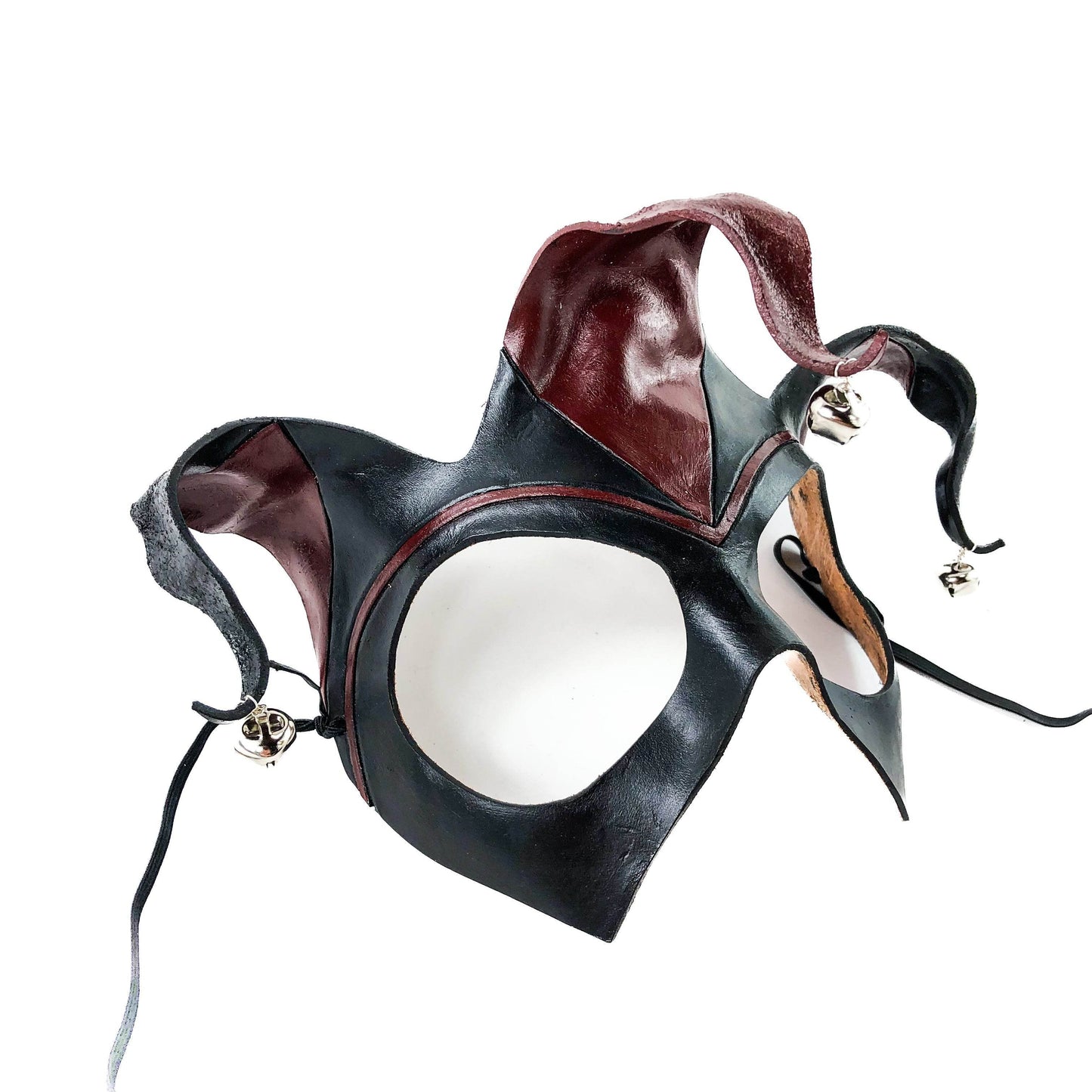 Handmade Genuine Leather Jester Mask in Red and Black with Silver Bells - 