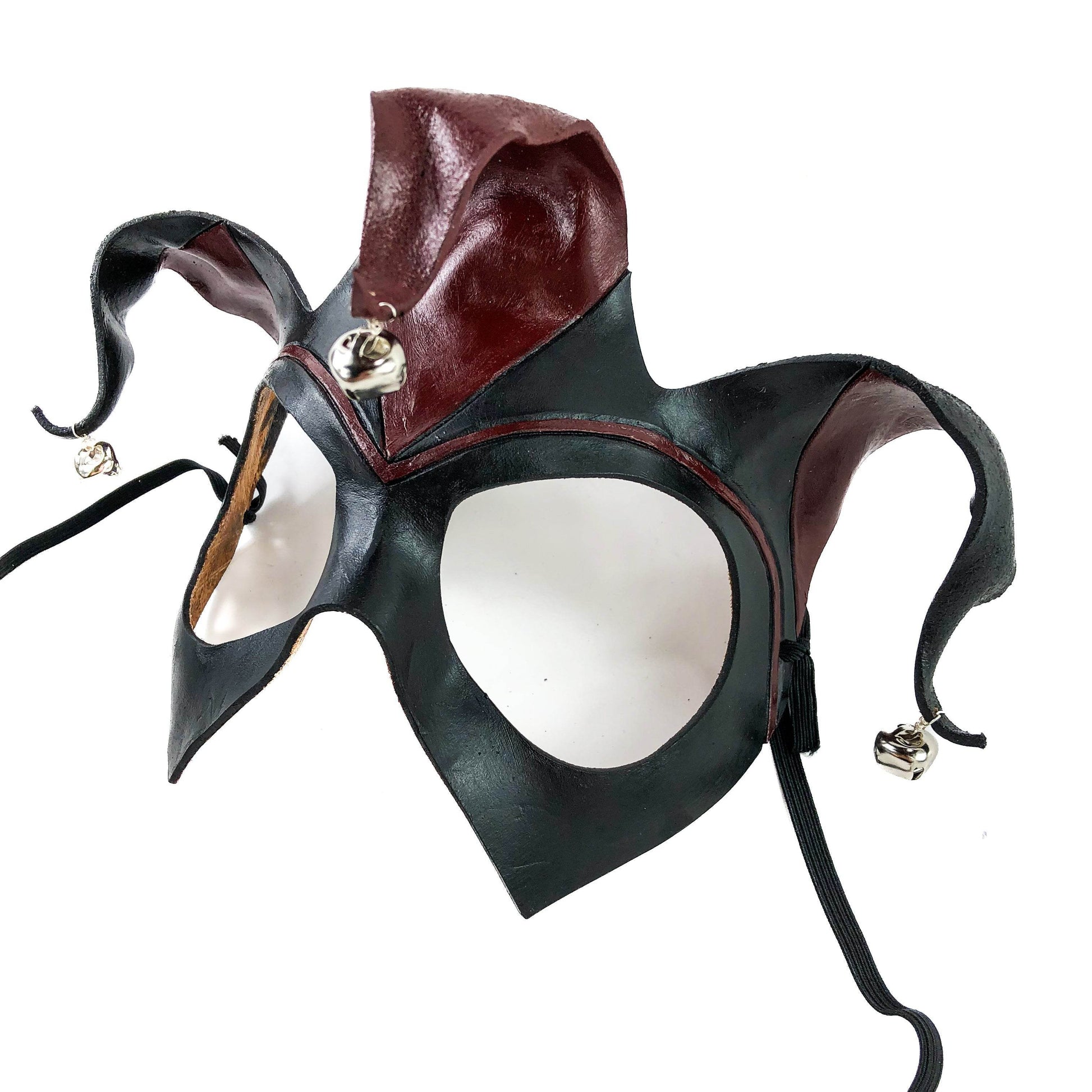 Handmade Genuine Leather Jester Mask in Red and Black with Silver Bells - 