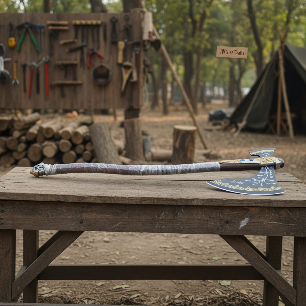 Hand-Forged Viking Double-Bit Fantasy Display Axe with Engraved Head