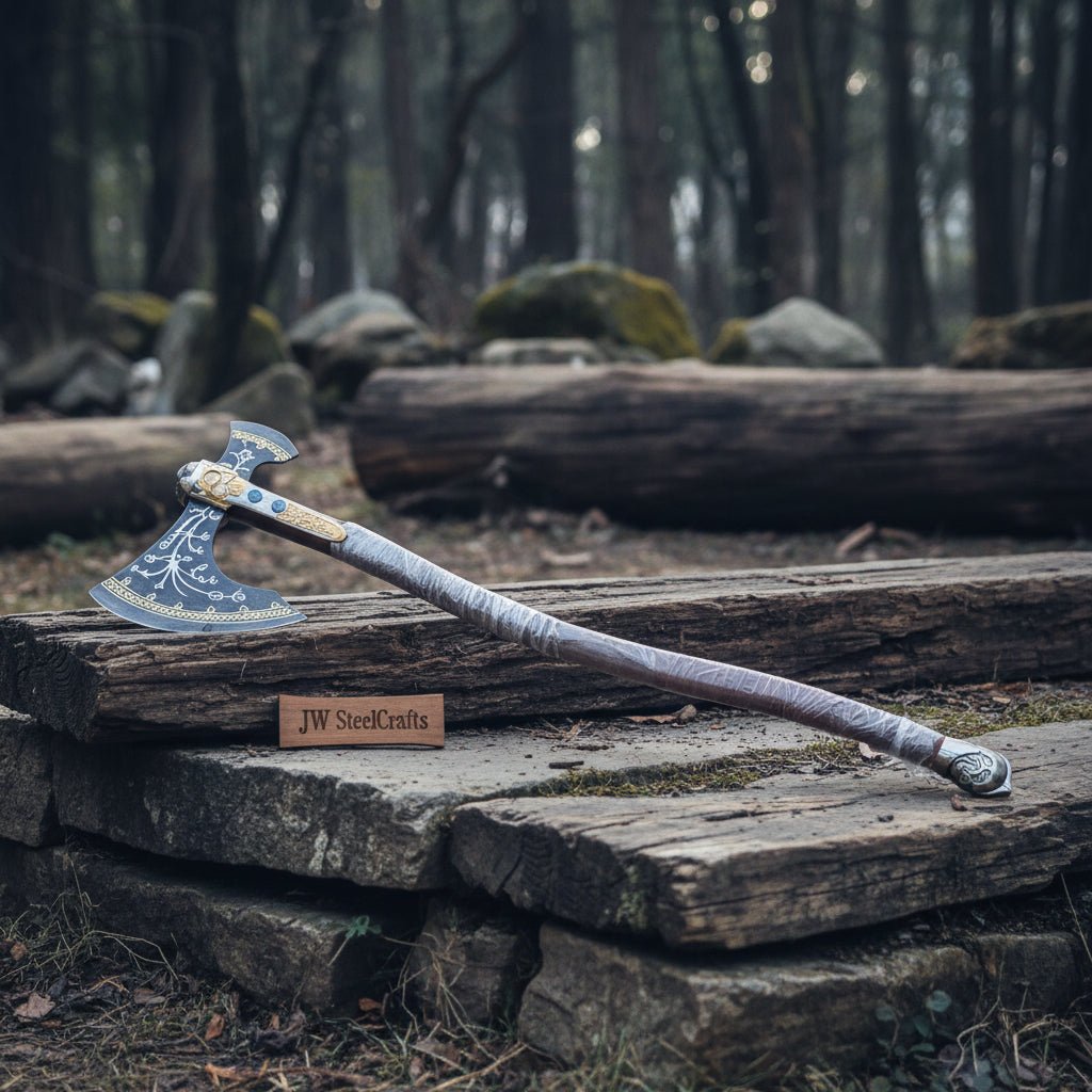 Hand-Forged Viking Double-Bit Fantasy Display Axe with Engraved Head