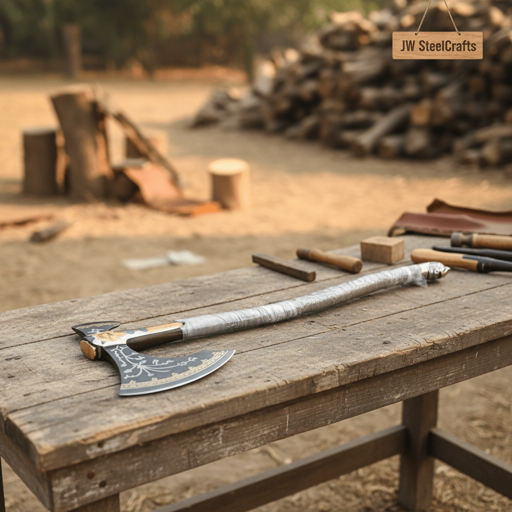 Hand-Forged Viking Double-Bit Fantasy Display Axe with Engraved Head