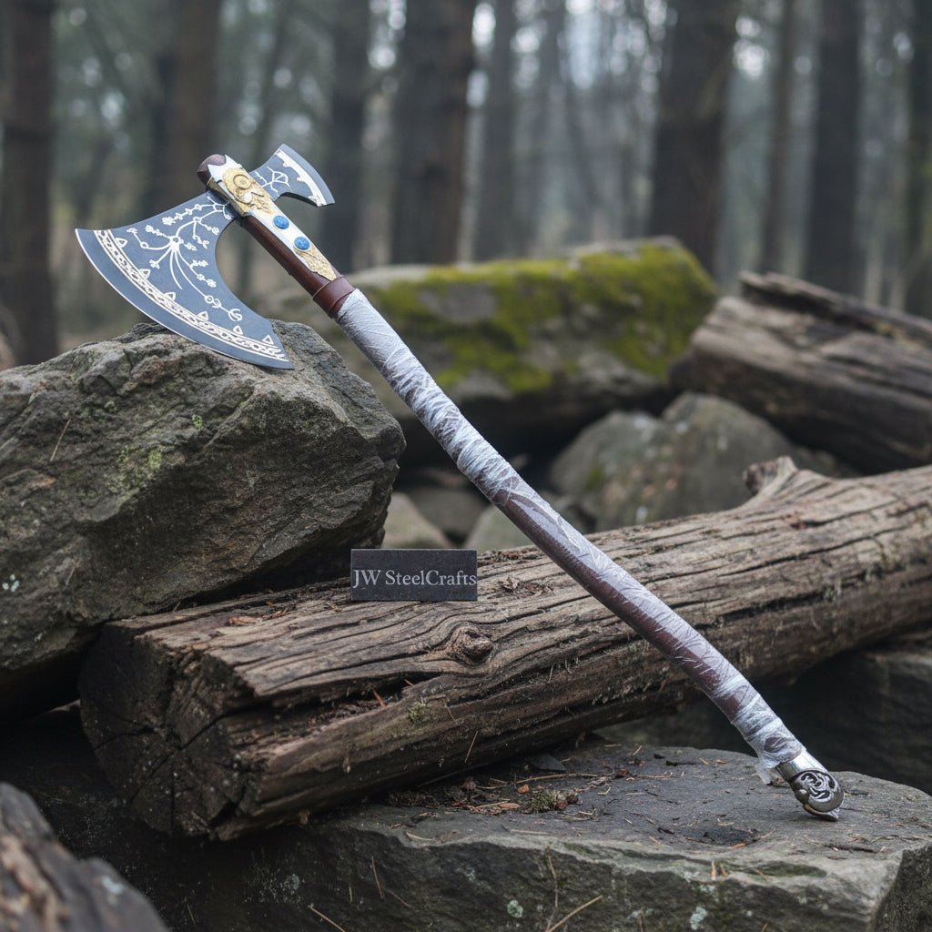 Hand-Forged Viking Double-Bit Fantasy Display Axe with Engraved Head