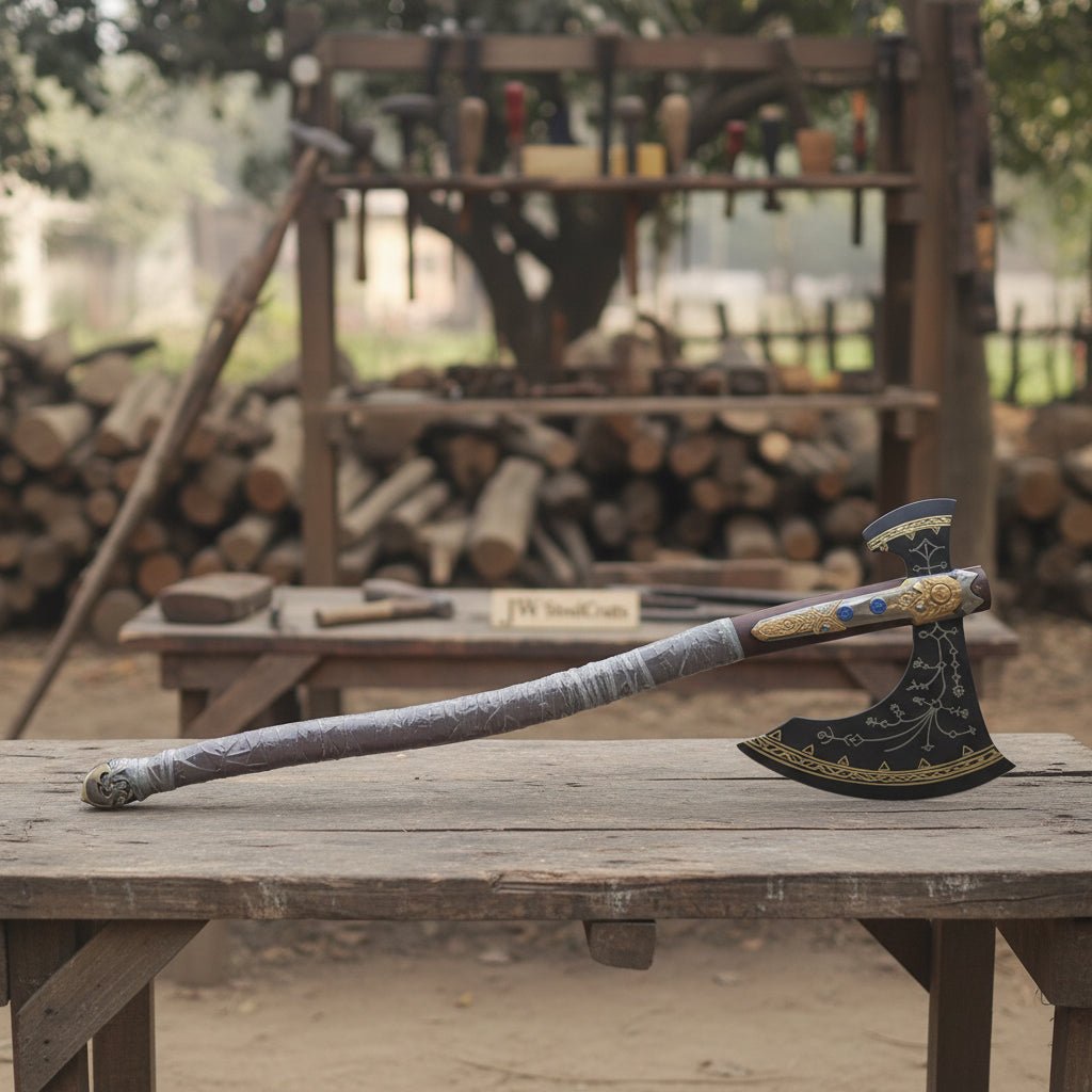 Hand-Forged Viking Double-Bit Fantasy Display Axe with Engraved Head