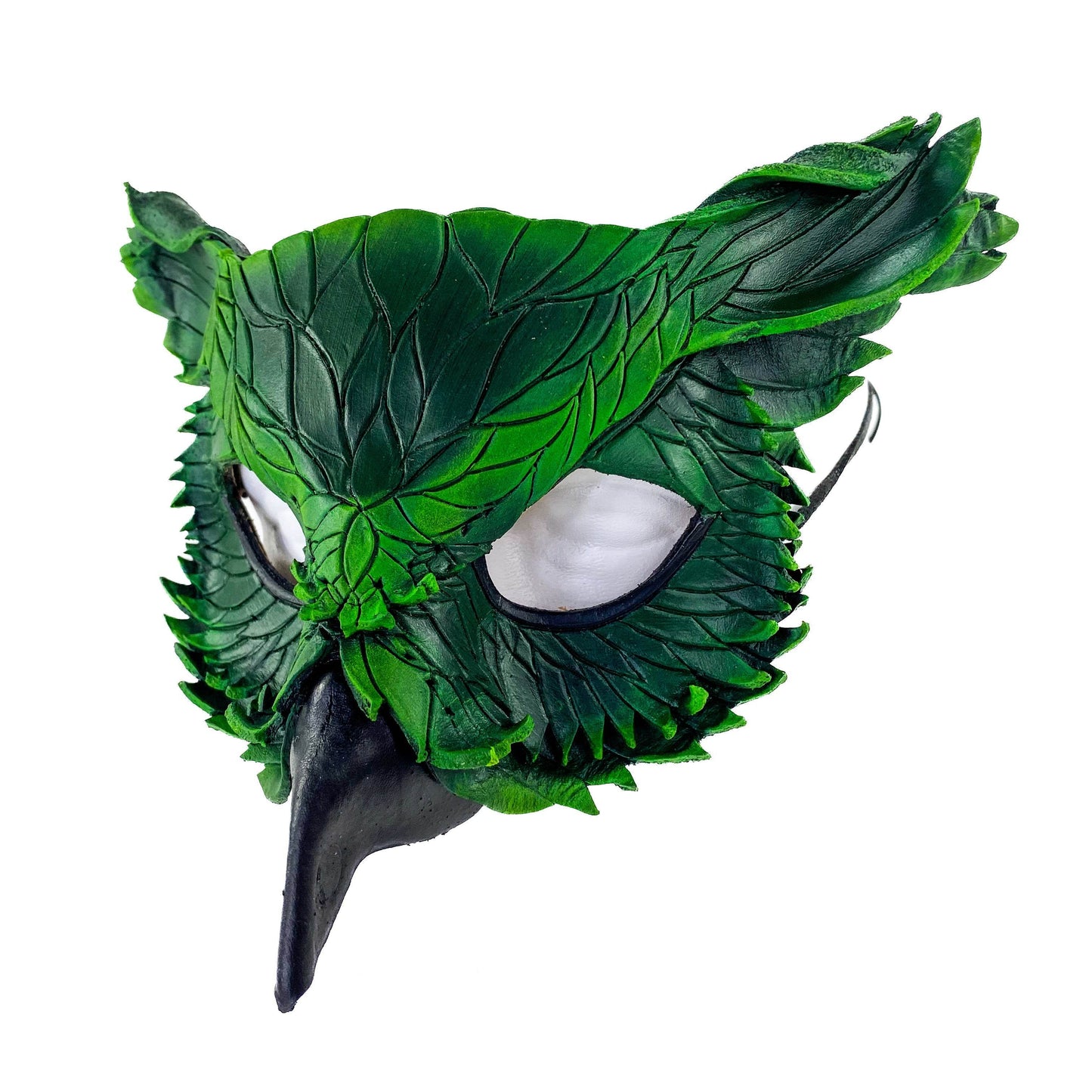 Layered Horned Owl Handmade Genuine Leather Mask in Green - 