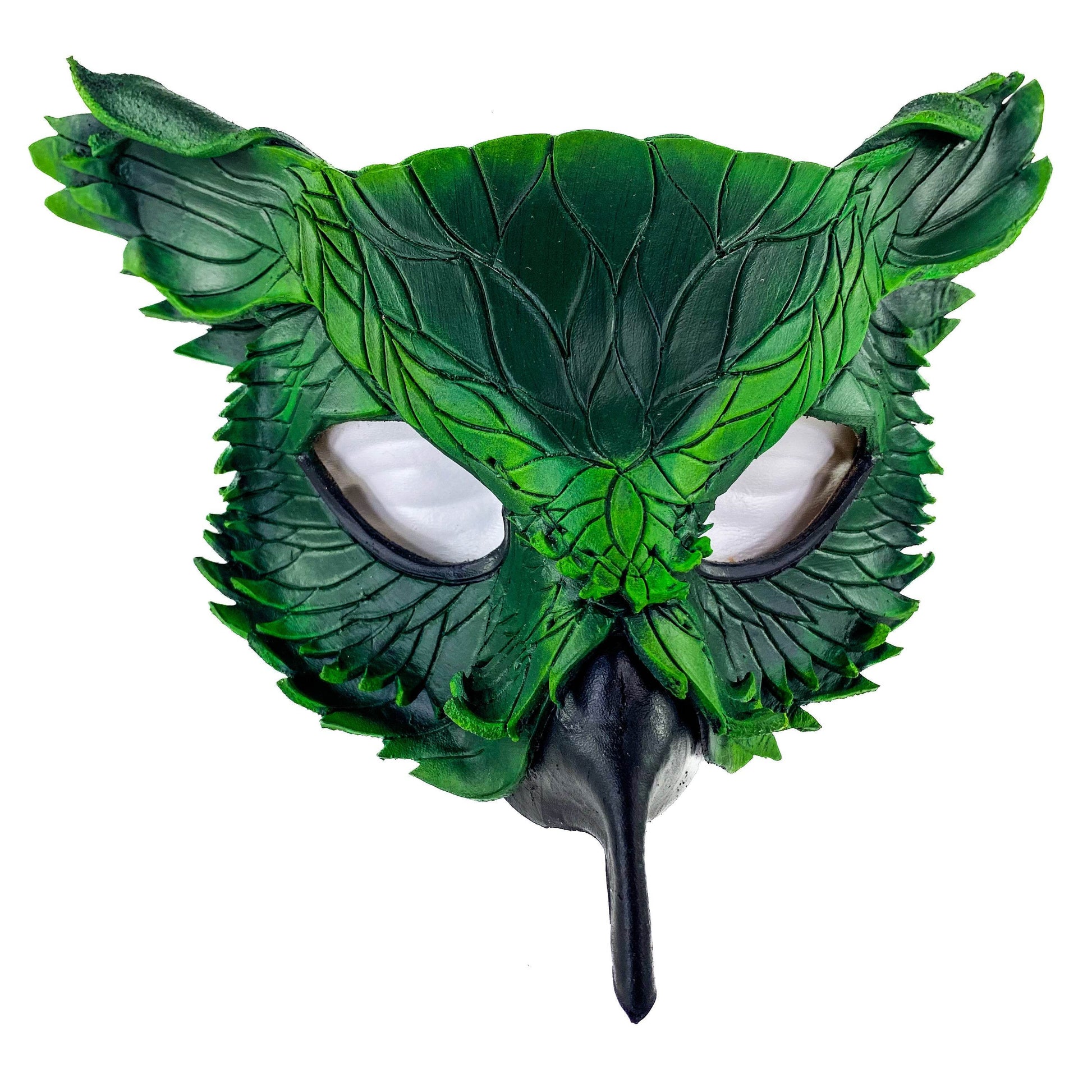 Layered Horned Owl Handmade Genuine Leather Mask in Green - 