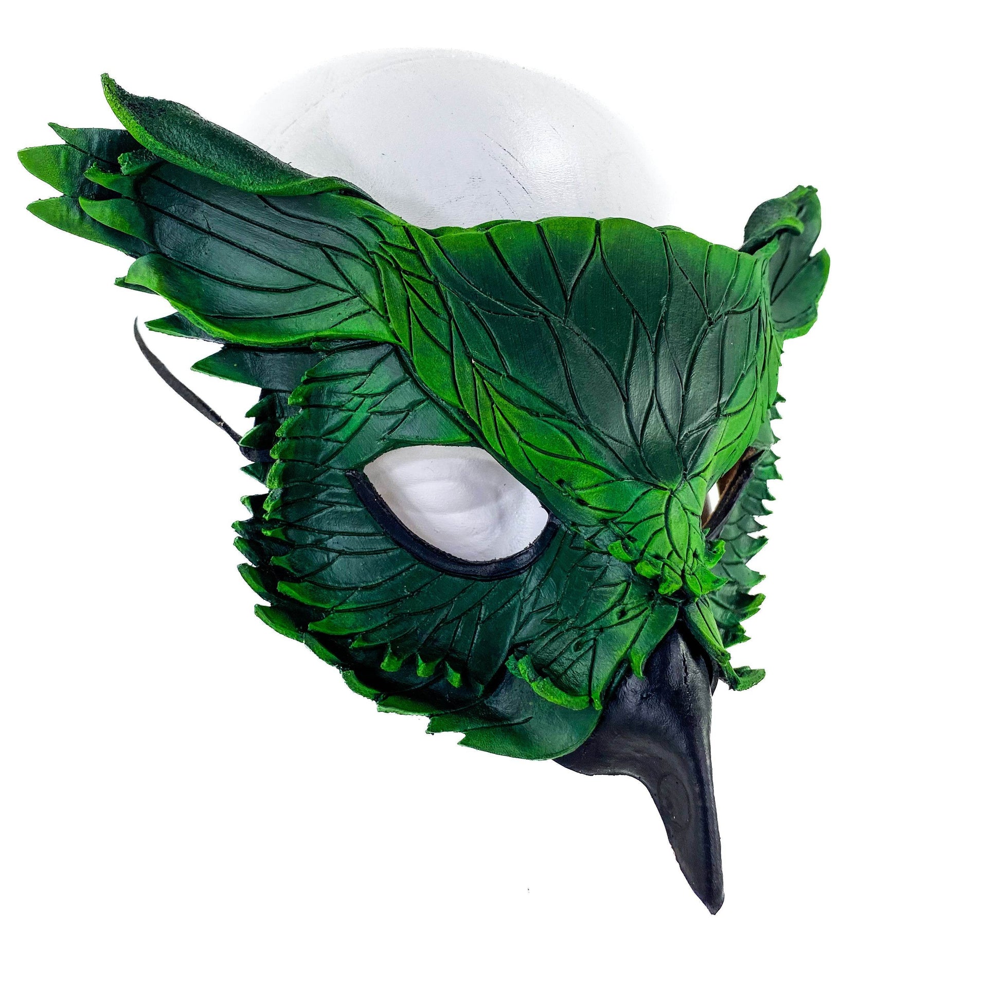 Layered Horned Owl Handmade Genuine Leather Mask in Green - 