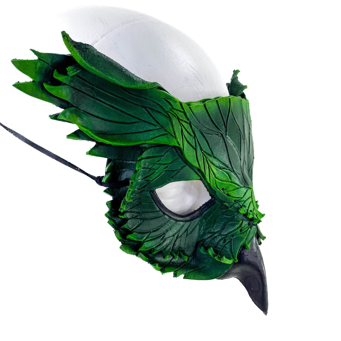 Layered Horned Owl Handmade Genuine Leather Mask in Green - 
