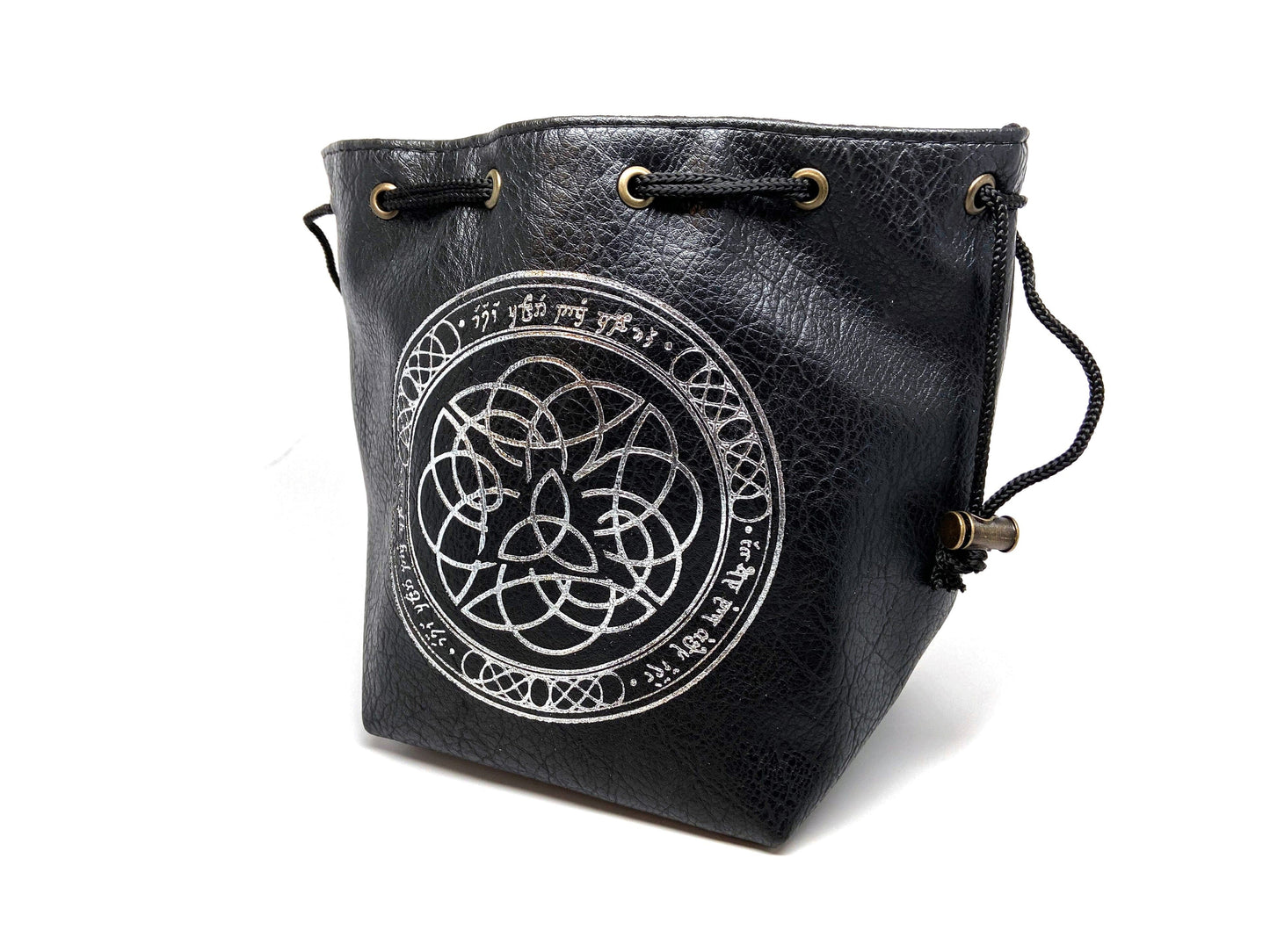 Grand sac à dés autonome en cuir noir Lite Elven Runes Design