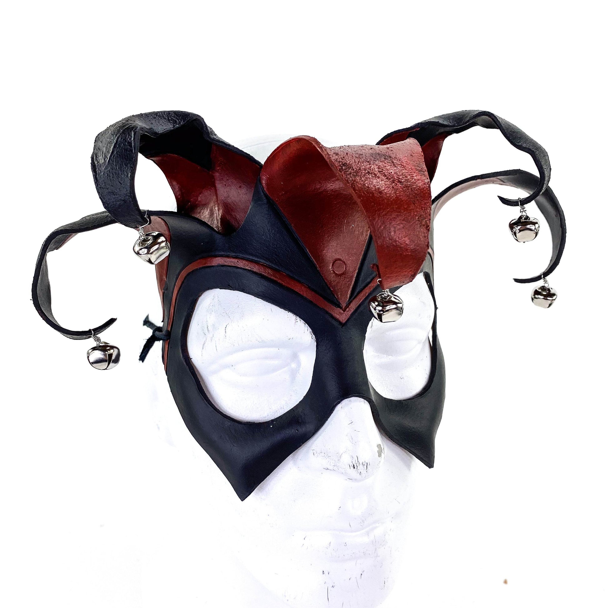 Ready to Ship - Handmade Genuine Leather Five Point Jester Mask in Red and Black with Silver Bells - 