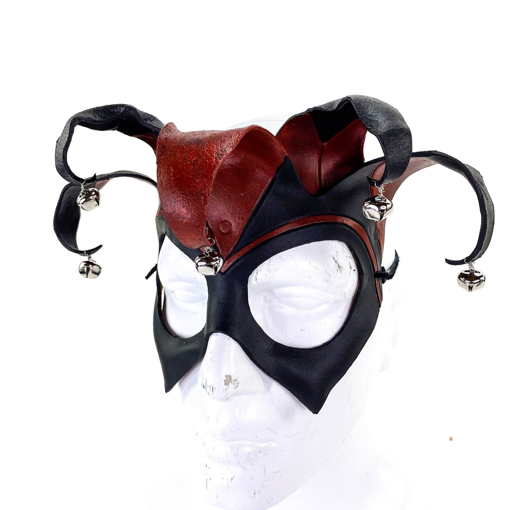 Ready to Ship - Handmade Genuine Leather Five Point Jester Mask in Red and Black with Silver Bells - 
