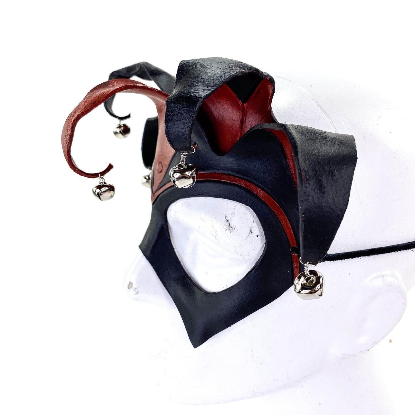 Ready to Ship - Handmade Genuine Leather Five Point Jester Mask in Red and Black with Silver Bells - 