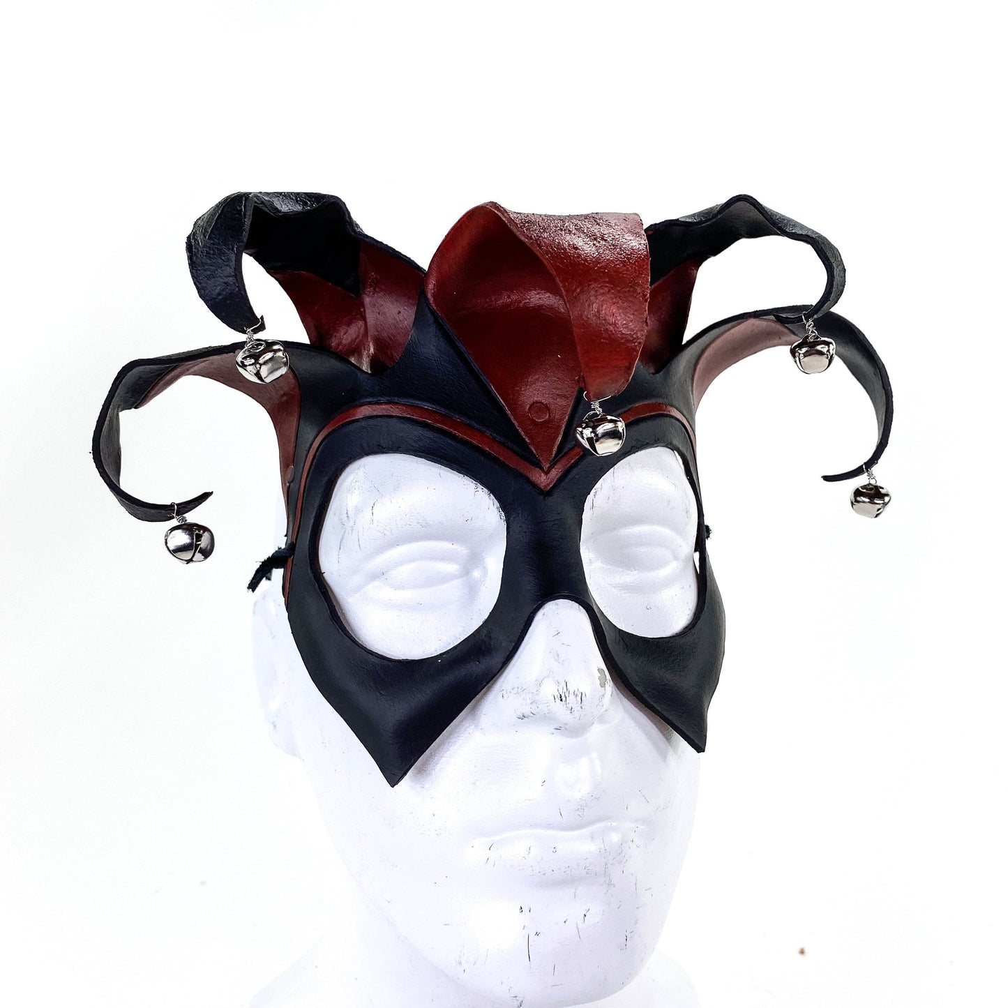 Ready to Ship - Handmade Genuine Leather Five Point Jester Mask in Red and Black with Silver Bells - 