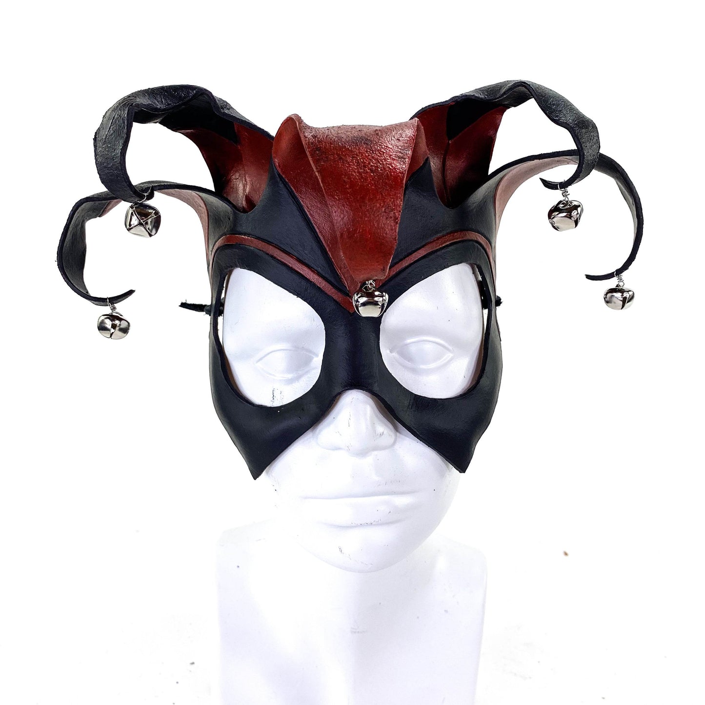 Ready to Ship - Handmade Genuine Leather Five Point Jester Mask in Red and Black with Silver Bells - 