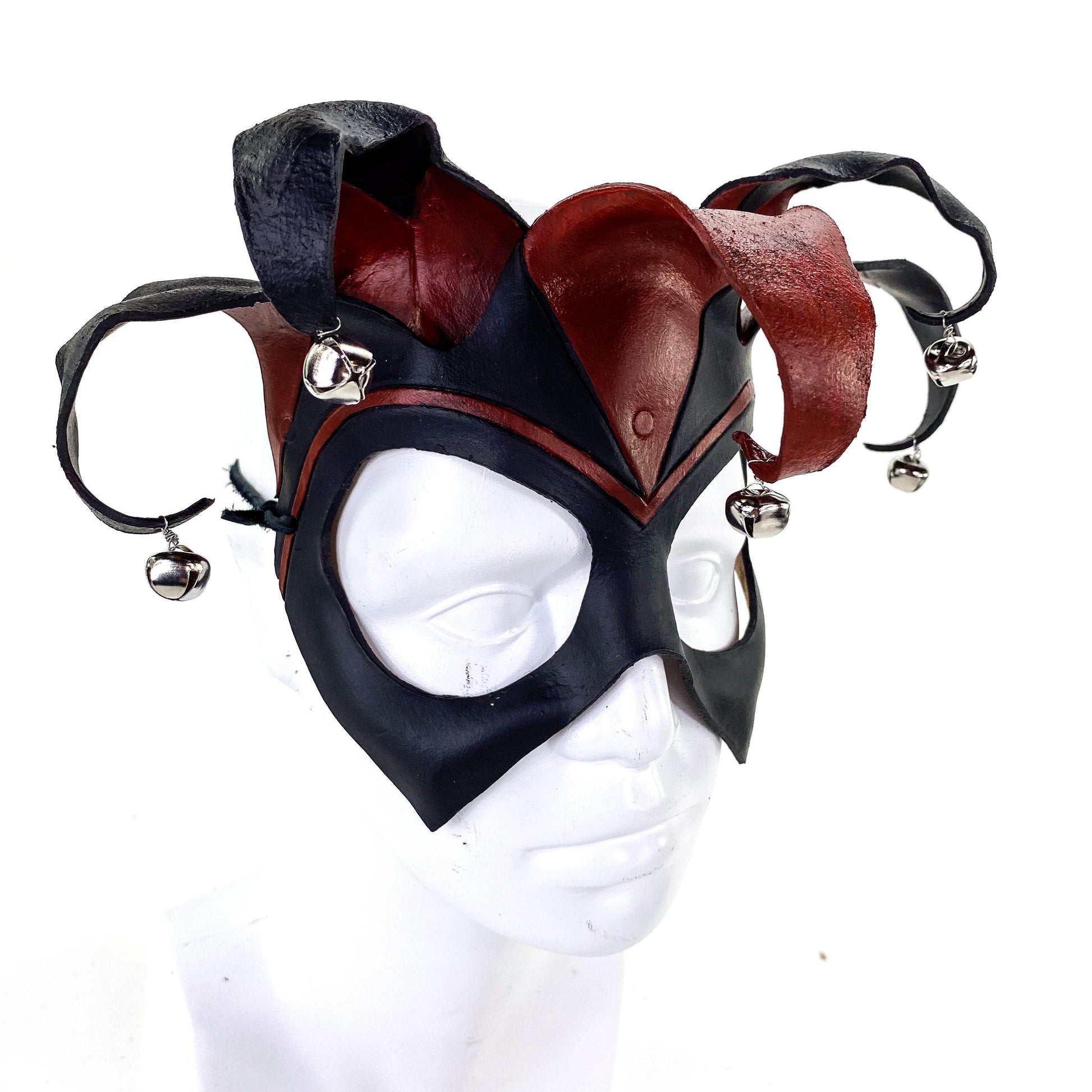 Ready to Ship - Handmade Genuine Leather Five Point Jester Mask in Red and Black with Silver Bells - 