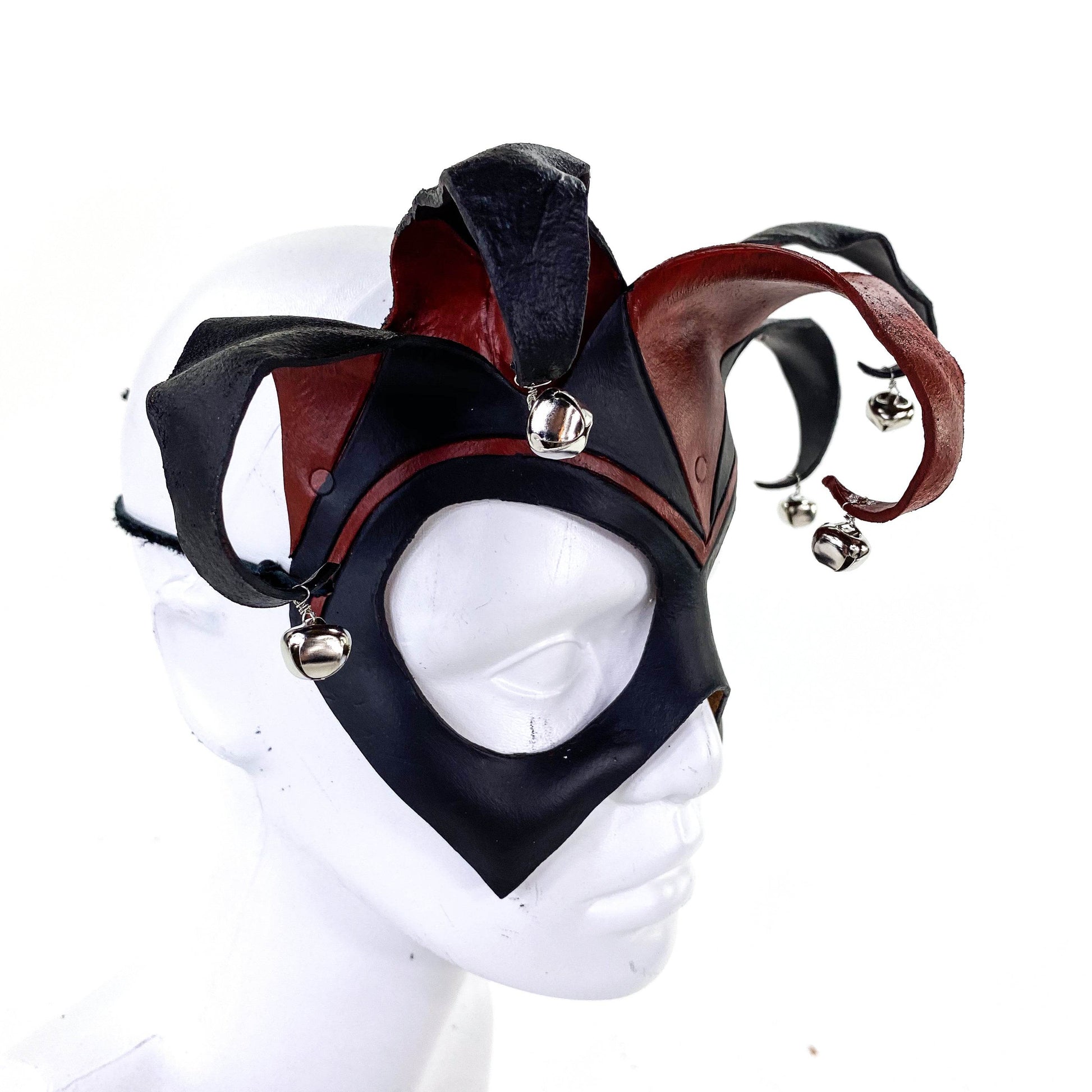 Ready to Ship - Handmade Genuine Leather Five Point Jester Mask in Red and Black with Silver Bells - 