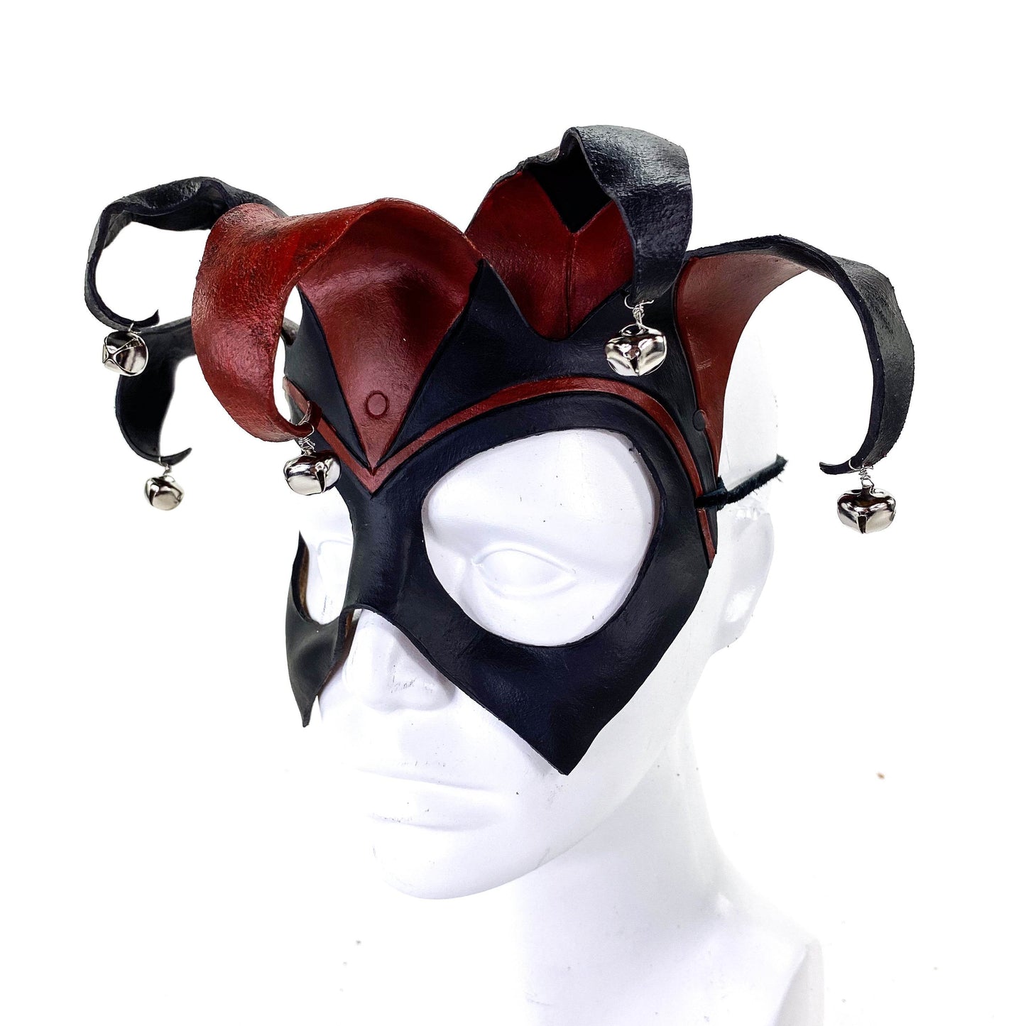Ready to Ship - Handmade Genuine Leather Five Point Jester Mask in Red and Black with Silver Bells - 