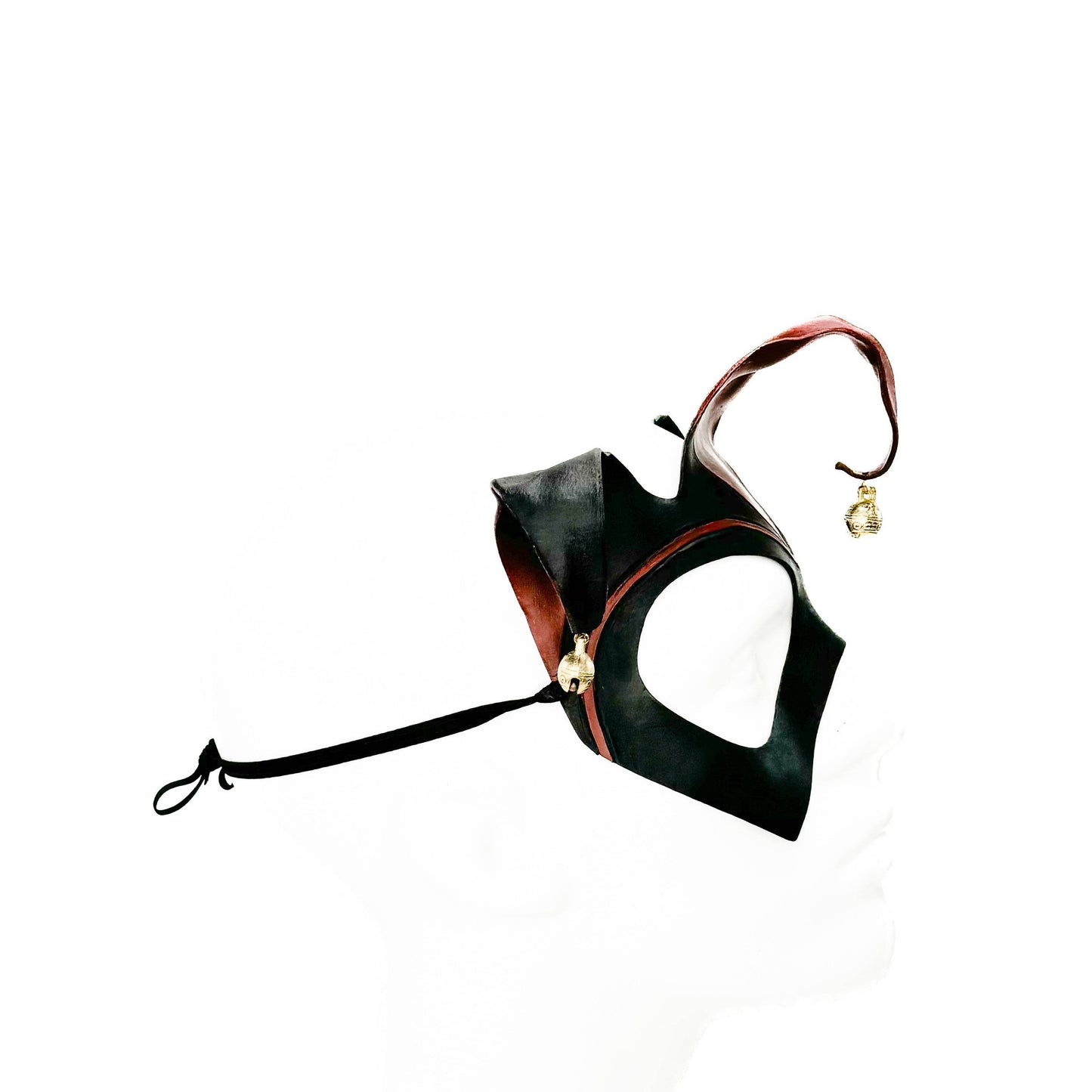 Handmade Genuine Leather Jester Mask in Red and Black With Tibetan Style Bronze Bells - 