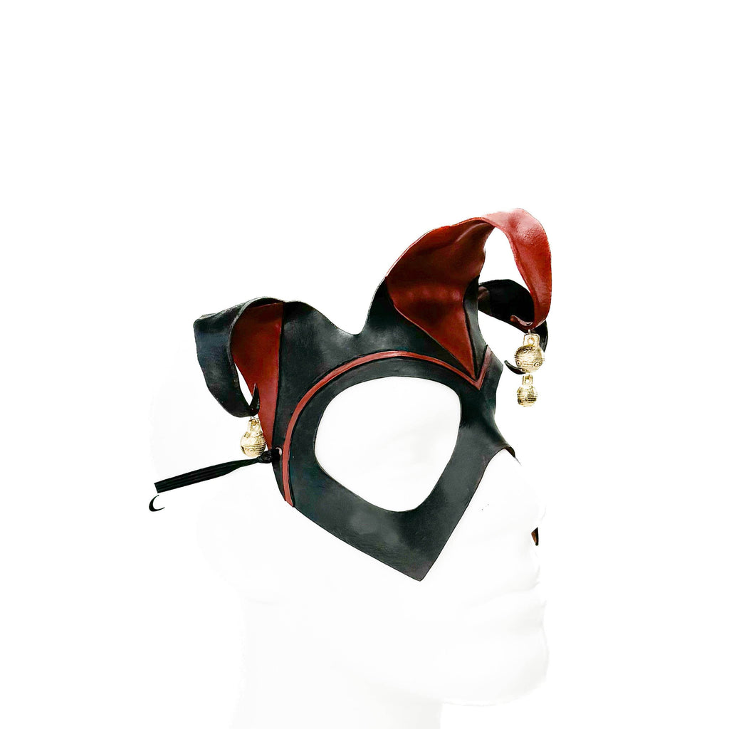 Handmade Genuine Leather Jester Mask in Red and Black With Tibetan Style Bronze Bells - 