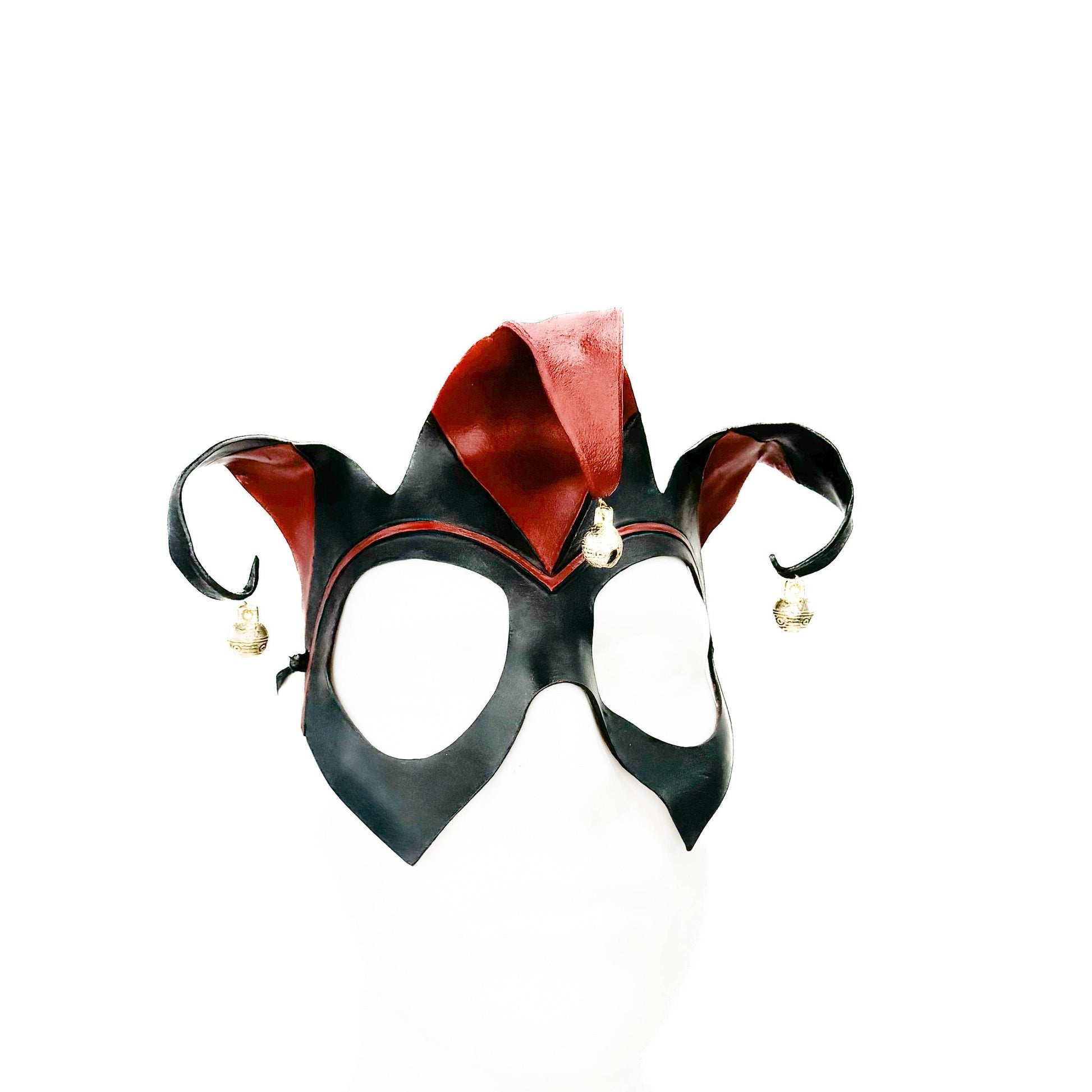 Handmade Genuine Leather Jester Mask in Red and Black With Tibetan Style Bronze Bells - 