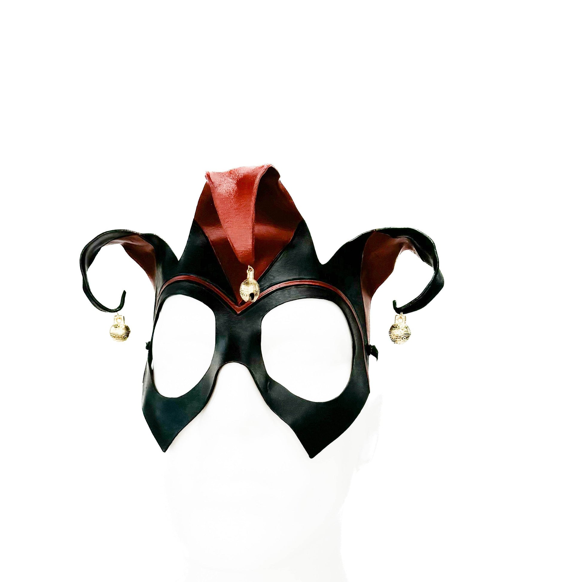 Handmade Genuine Leather Jester Mask in Red and Black With Tibetan Style Bronze Bells - 
