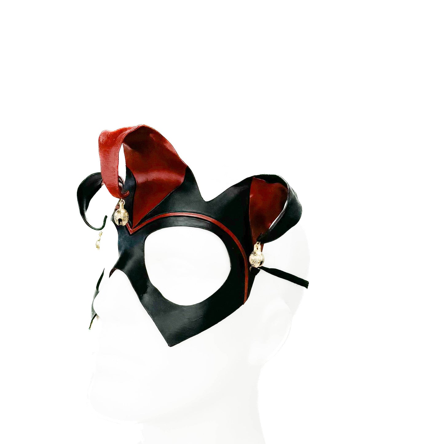 Handmade Genuine Leather Jester Mask in Red and Black With Tibetan Style Bronze Bells - 